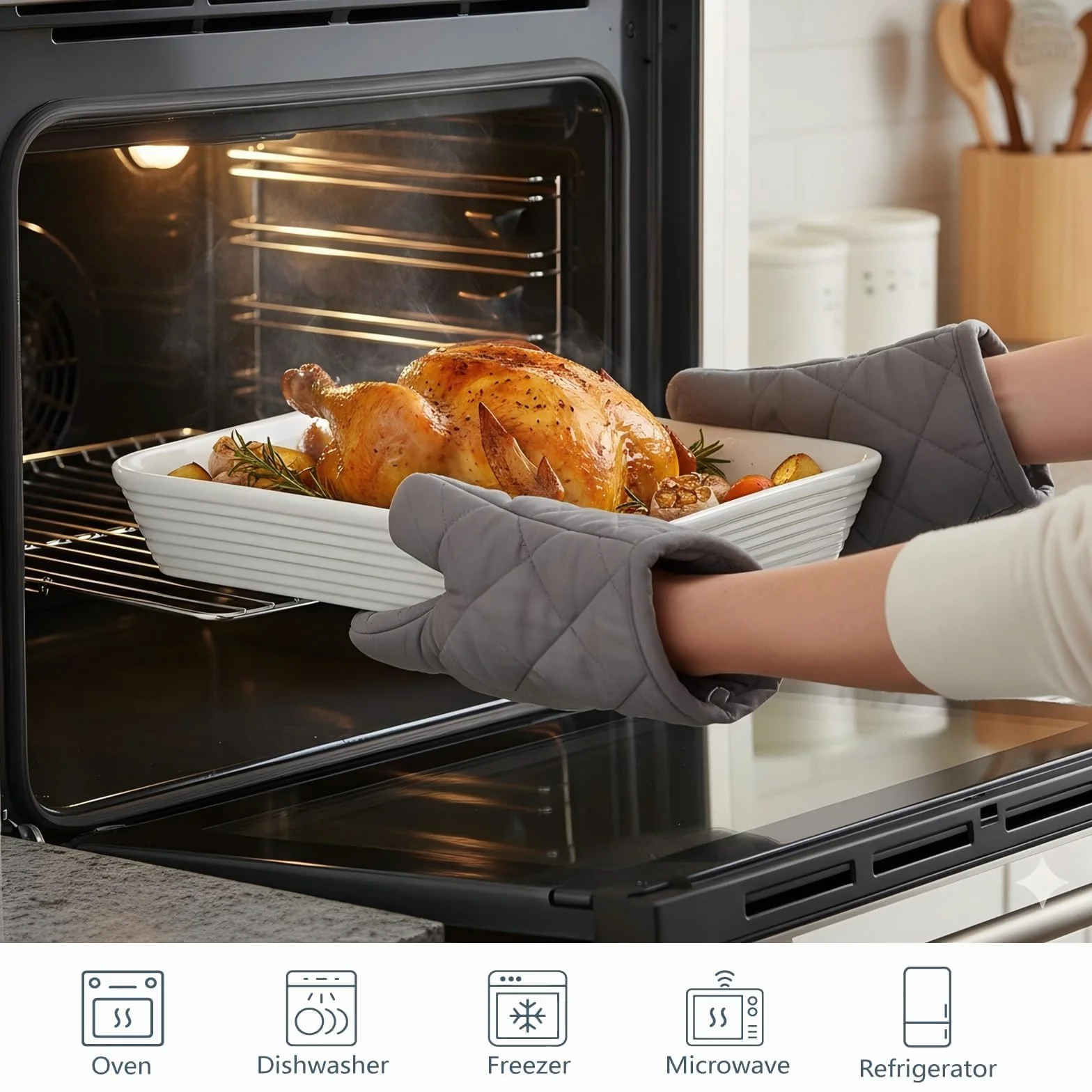 ONEMORE Set de 3 Plats à Four en Céramique avec Support | Formes Rectangulaires pour Lasagne, Tiramisu, Gratins et Préparation de Pâtisseries | 3 Tailles Incluses : 2,8 L, 2 L et 1,2 L