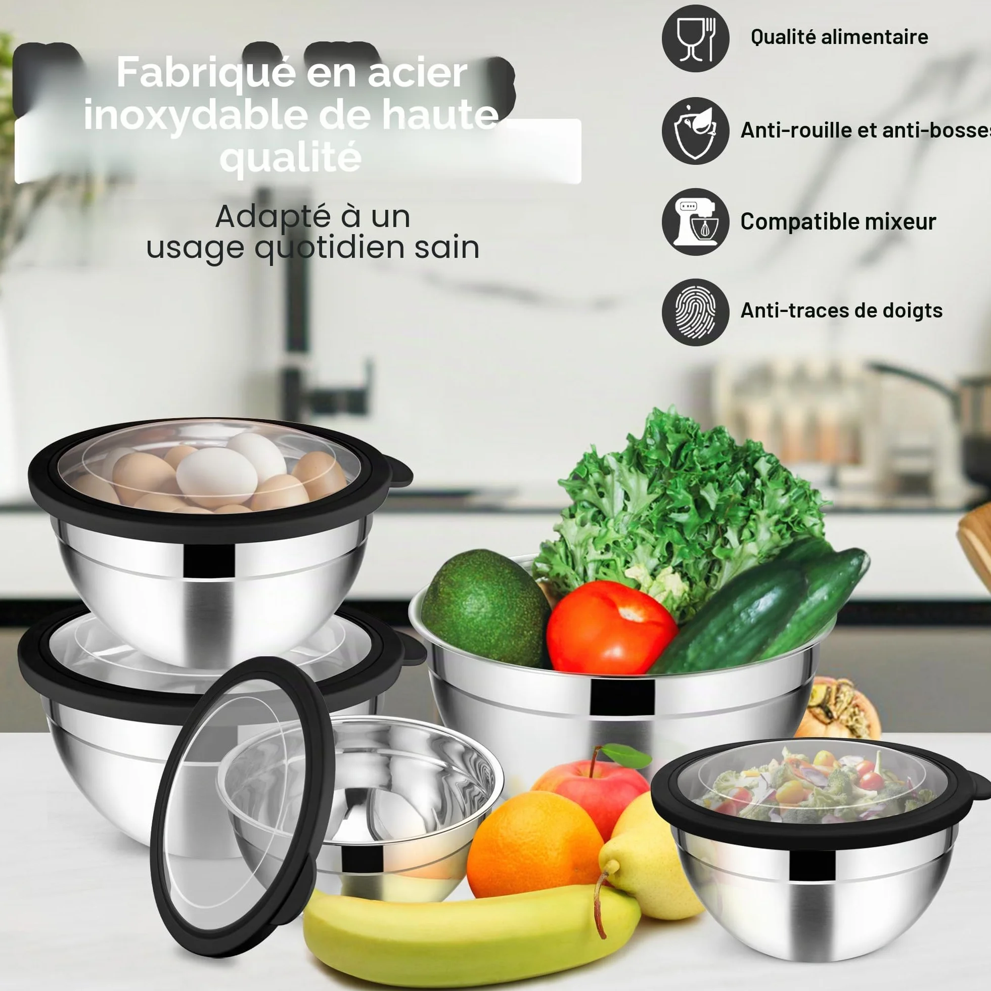 Joyfair Lot de 5 bols mélangeurs en acier inoxydable avec couvercle hermétique transparent, 4,5 l, 2,7 l, 1,5 l, 1,2 l, 0,7 l, saladiers empilables pour servir, cuisiner, cuire au four, passe au