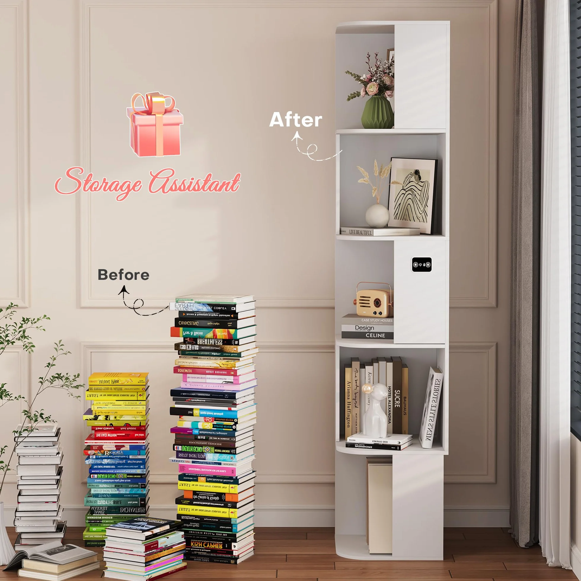 Gurexl 165 CM Vitrine avec Lumières LED 3 Couleurs,Asymétrique Bibliothèque avec étagères à 5 Niveau,Vitrine d'angle avec Capteur Humain pour Salon,Noir pour Salon,Bureau,Chambre,Blanc