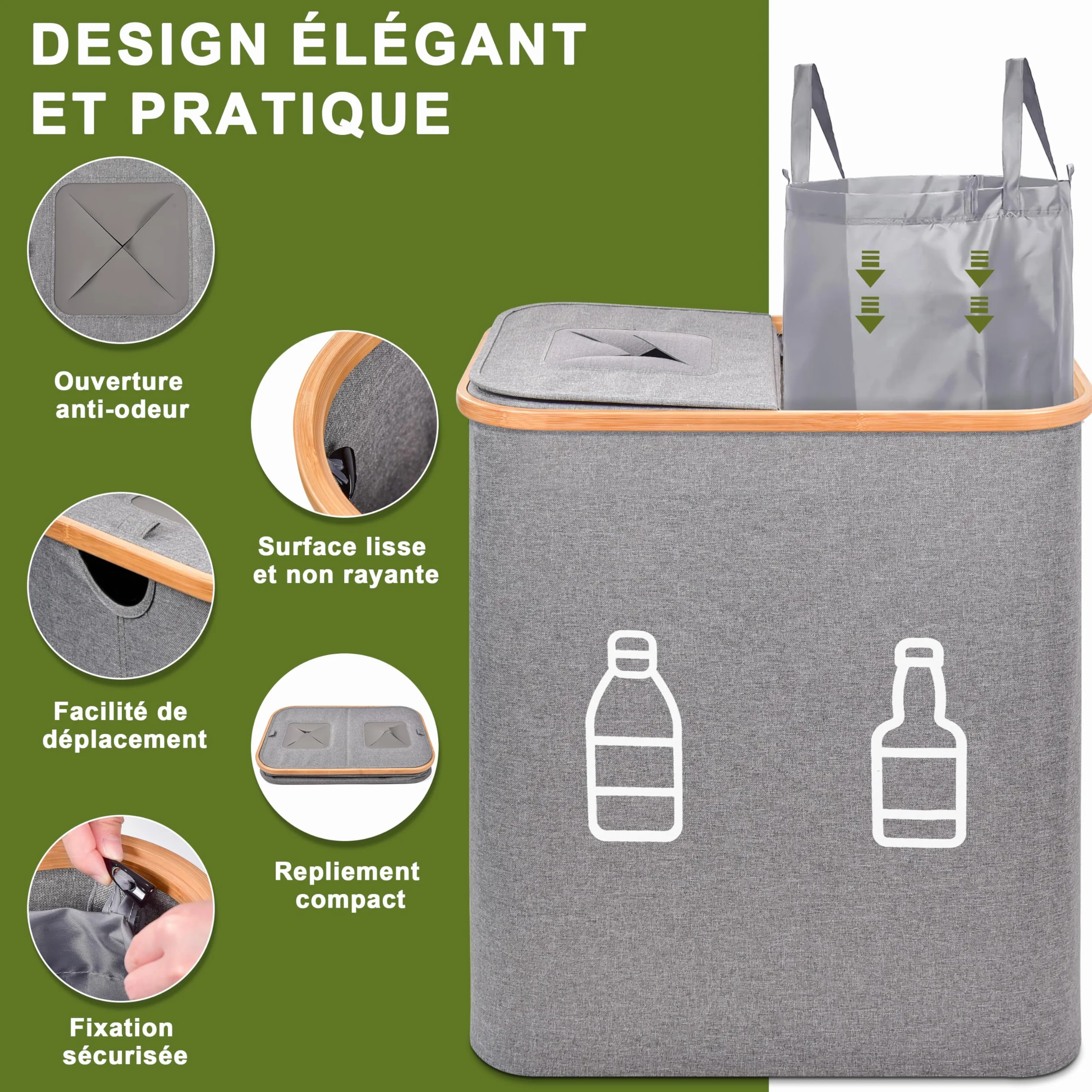IEEILULU Bouteille consignée 140 L 2 compartiments avec couvercle collecteur poubelle cuisine gris