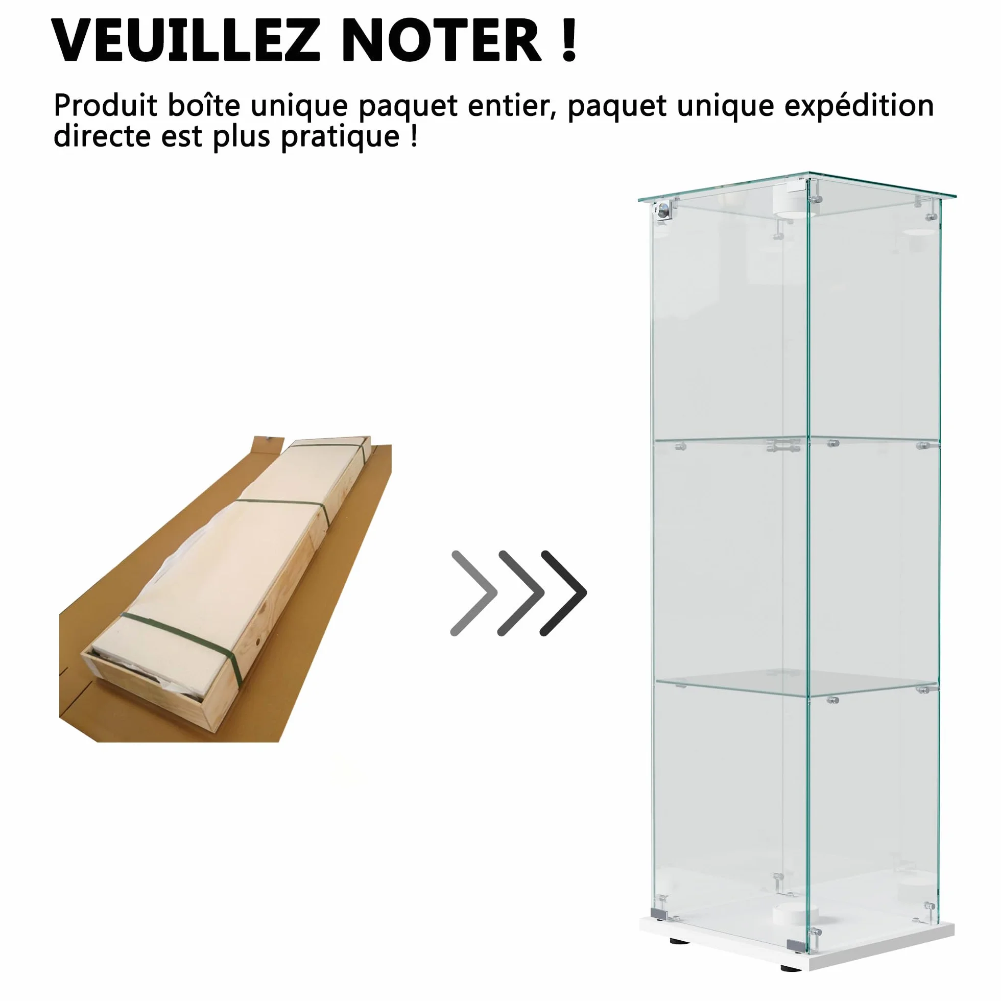 Vitrine en verre avec 1 porte et éclairage LED, 3 étagères, pour salon, bureau, chambre à coucher, 40 x 35 x 123 cm, facile à assembler, blanc