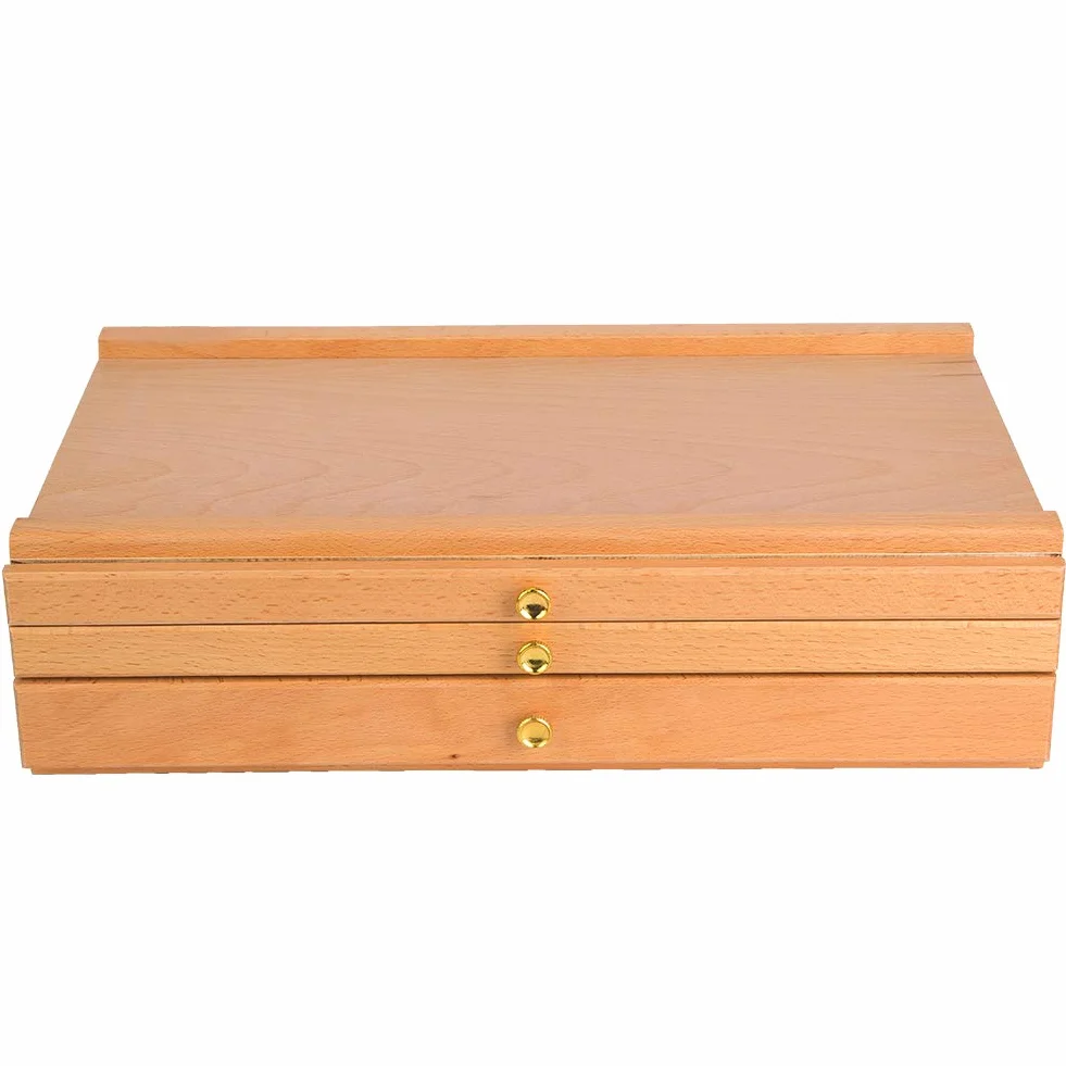 Outil de dessin à 3 tiroirs, boîte de rangement en bois de hêtre pour artistes, organiseur d’accessoires de peinture pigmentaire pour pastels crayons stylos marqueurs