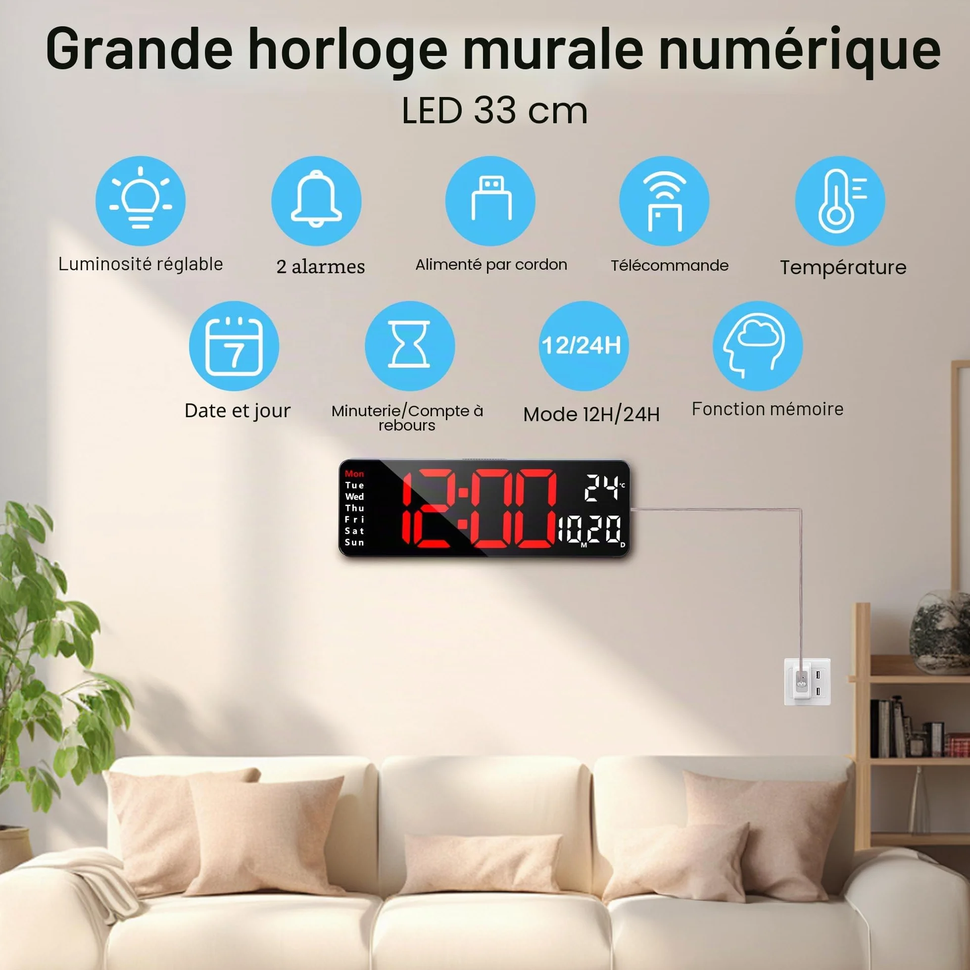 Lafocuse Horloge Numérique Murale LED 32cm avec Télécommande Température Date Jour Alarmes 12/24H Luminosité Réglable Rouge