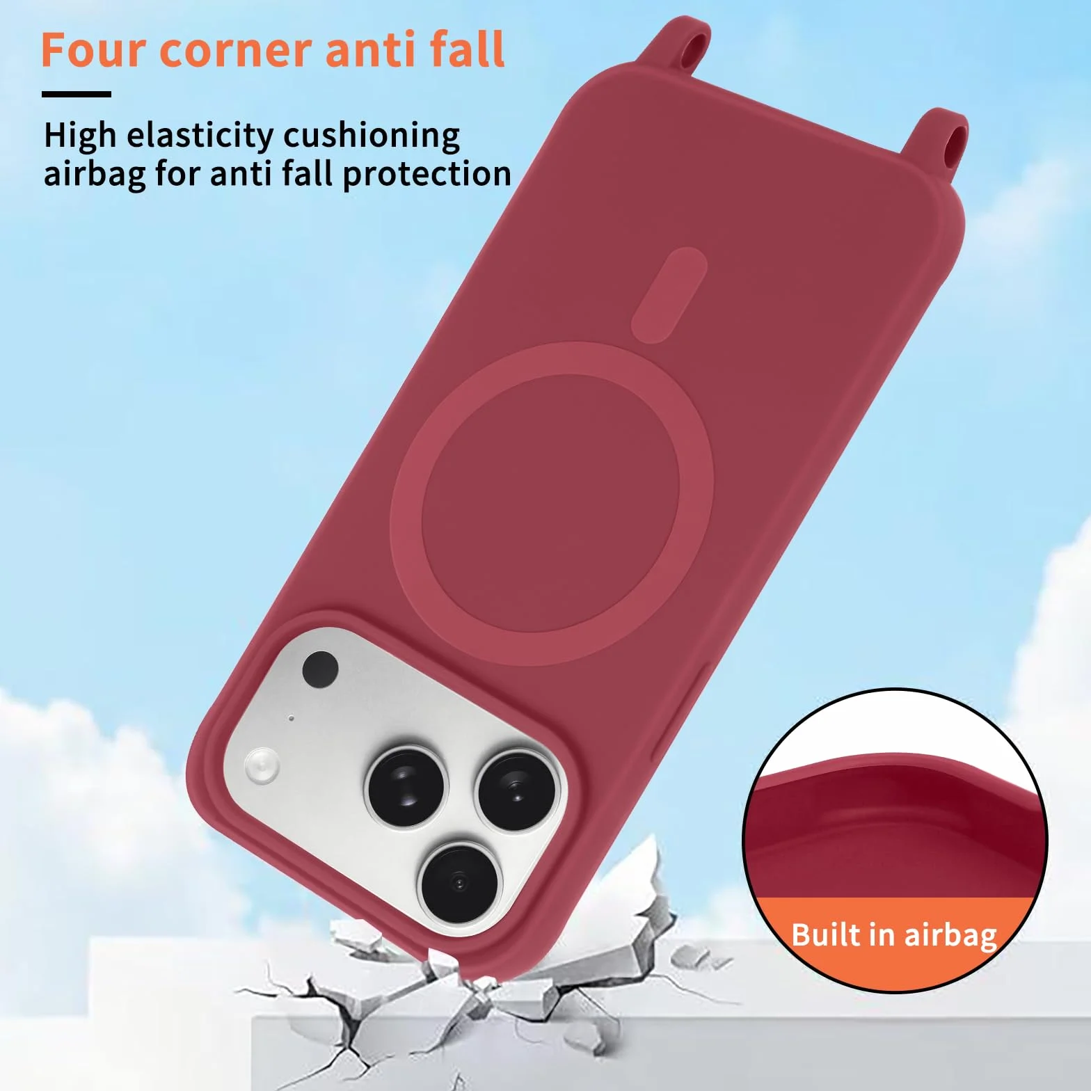 Magnetyczne etui na iPhone'a 17 Pro ze smyczą, miękkie silikonowe etui antywstrząsowe z regulowanym paskiem na szyję naszyjnik łańcuszek na szyję sznurek do iPhone'a 17 Pro 6.3", czerwony
