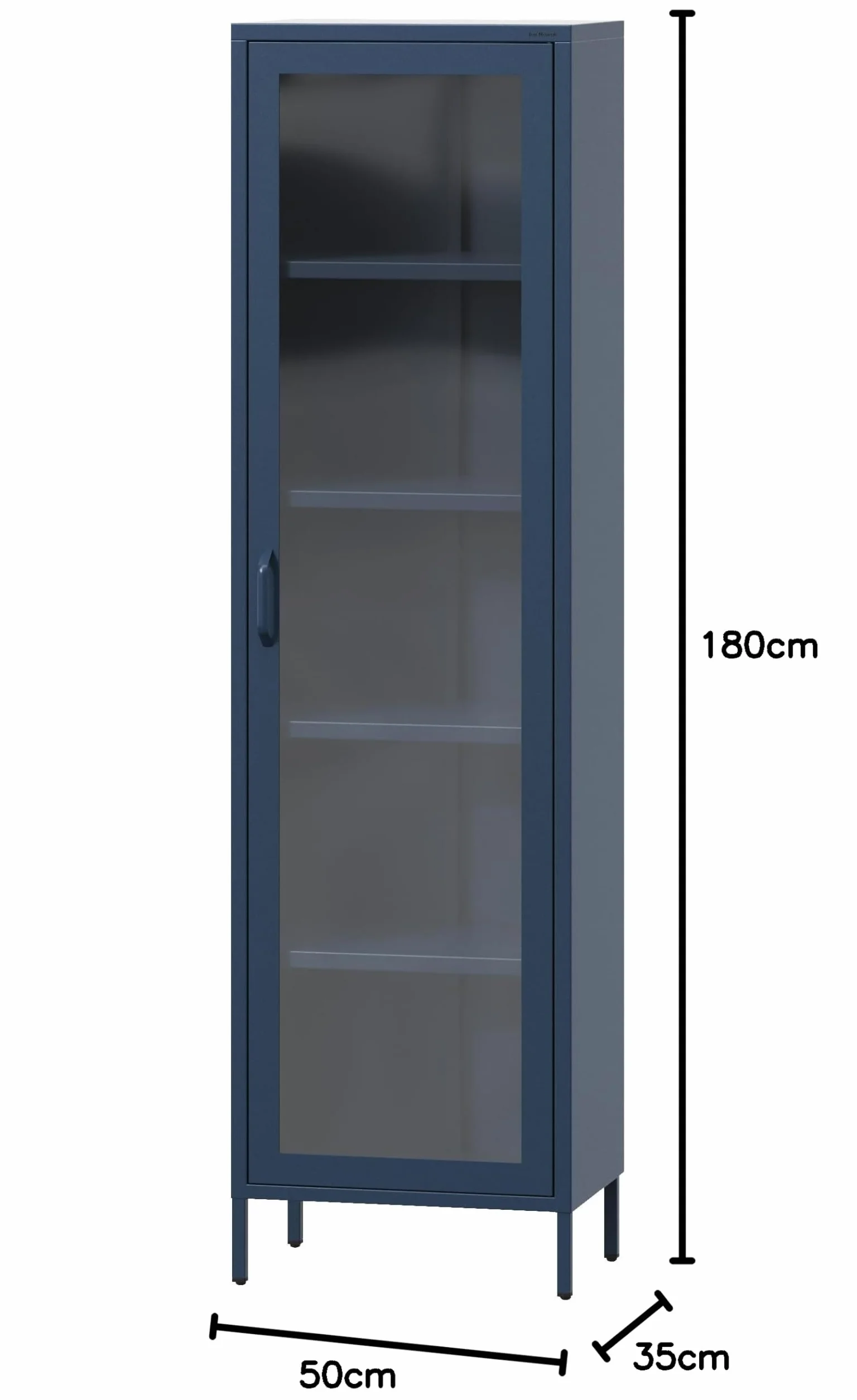Jan Nowak Luigi Armoire vitrine à 1 Porte - 50 x 180 x 35 cm - 4 étagères réglables - Verre trempé - Montage Mural - Vitrine en Verre Debout - Armoire de Salon Scintillante - Bleu foncé