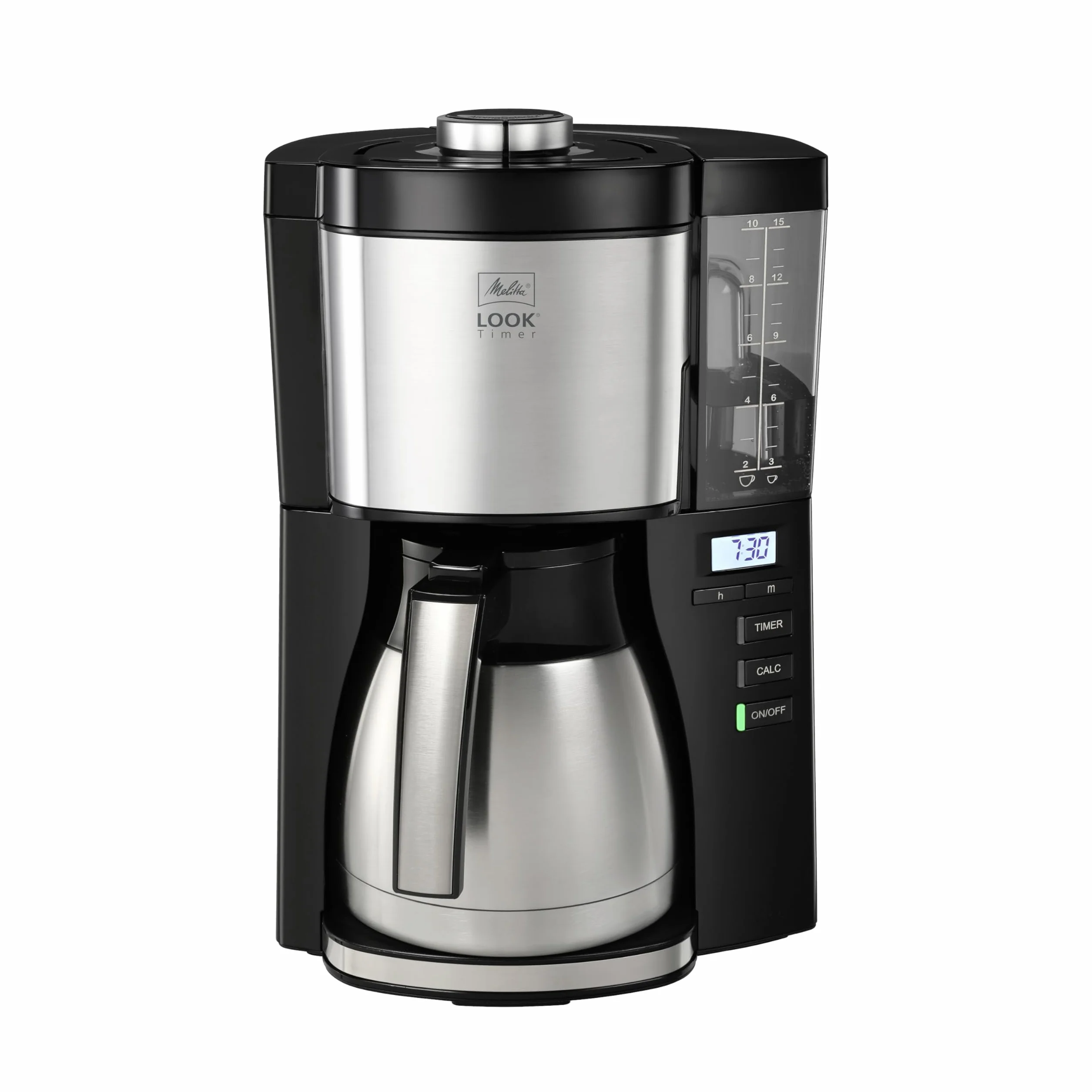 Melitta Cafetière à filtre Look V Therm Timer Noire, avec Carafe thermique et fonction minuterie, Réservoir d'eau amovible et programme de détartrage, capacité 10-15 tasses, modèle 1025-18