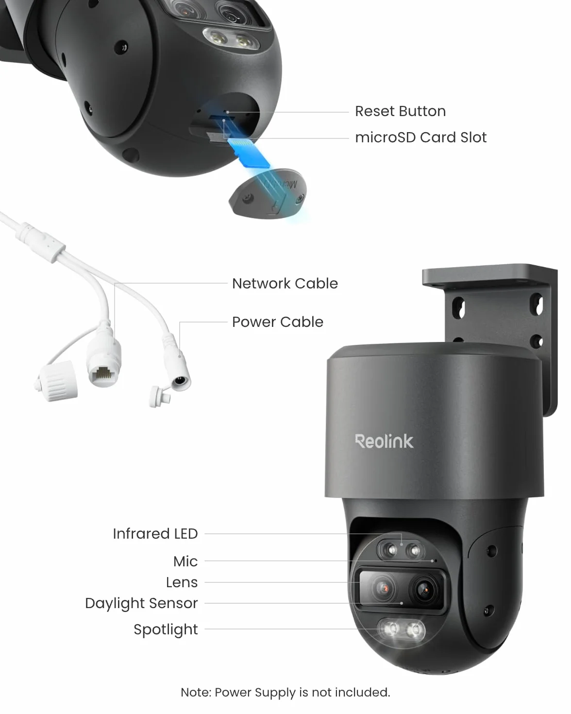 Reolink 4K Dual-Lens PTZ PoE Kamera Bezpieczeństwa z 6-krotnym Zoomem Hybrydowym, Obrotem 355° i Pochyleniem 90°, Noktowizją, Wykrywaniem Obiektów i Dwukierunkowym Dźwiękiem, TrackMix PoE Szary