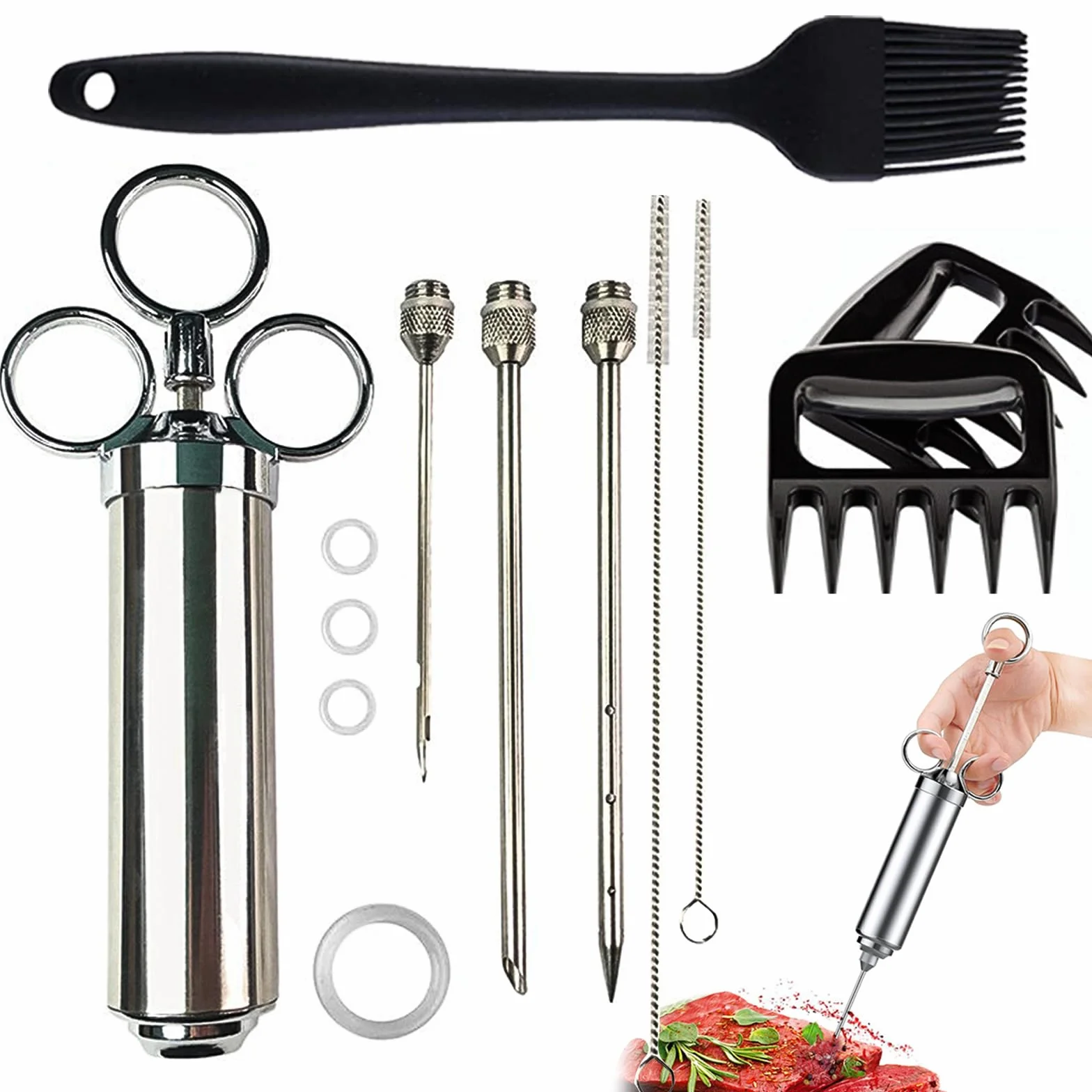 Seringue Alimentaire en Acier Inox 60 ml avec 3 Aiguilles – Seringue à Marinade pour Viande et BBQ