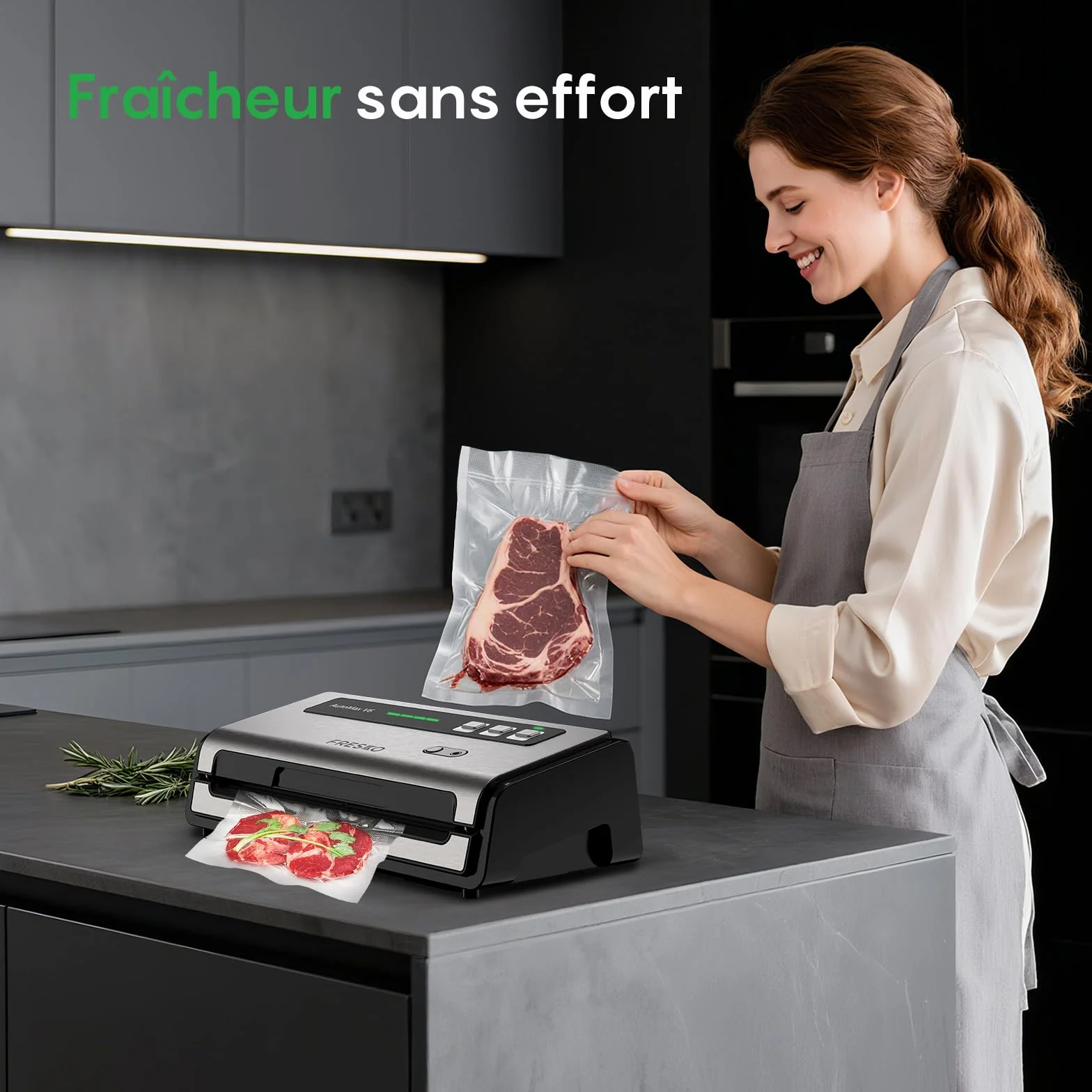 FRESKO Machine Sous Vide Alimentaire Automatique, Bandes chauffantes élargies, Coupe-sac Intégré et Rangement des Sacs, Mode Humide et Sec, Utilisation à une Main (Automax V6)