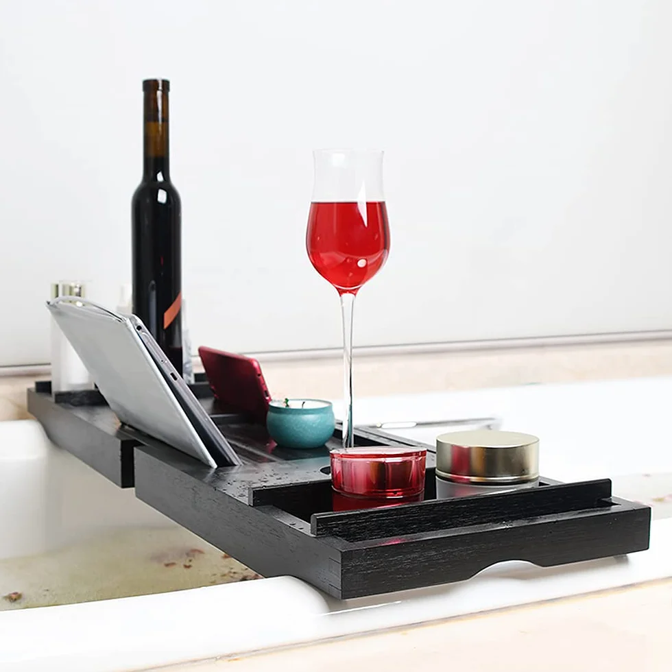 Support pour Serviette de Bain, Verre à vin, étagère de Lecture, Support pour Tablette,Plateau Extensible pour Salle de Bain, Plateau de Baignoire en Bambou Naturel, 70-105cm
