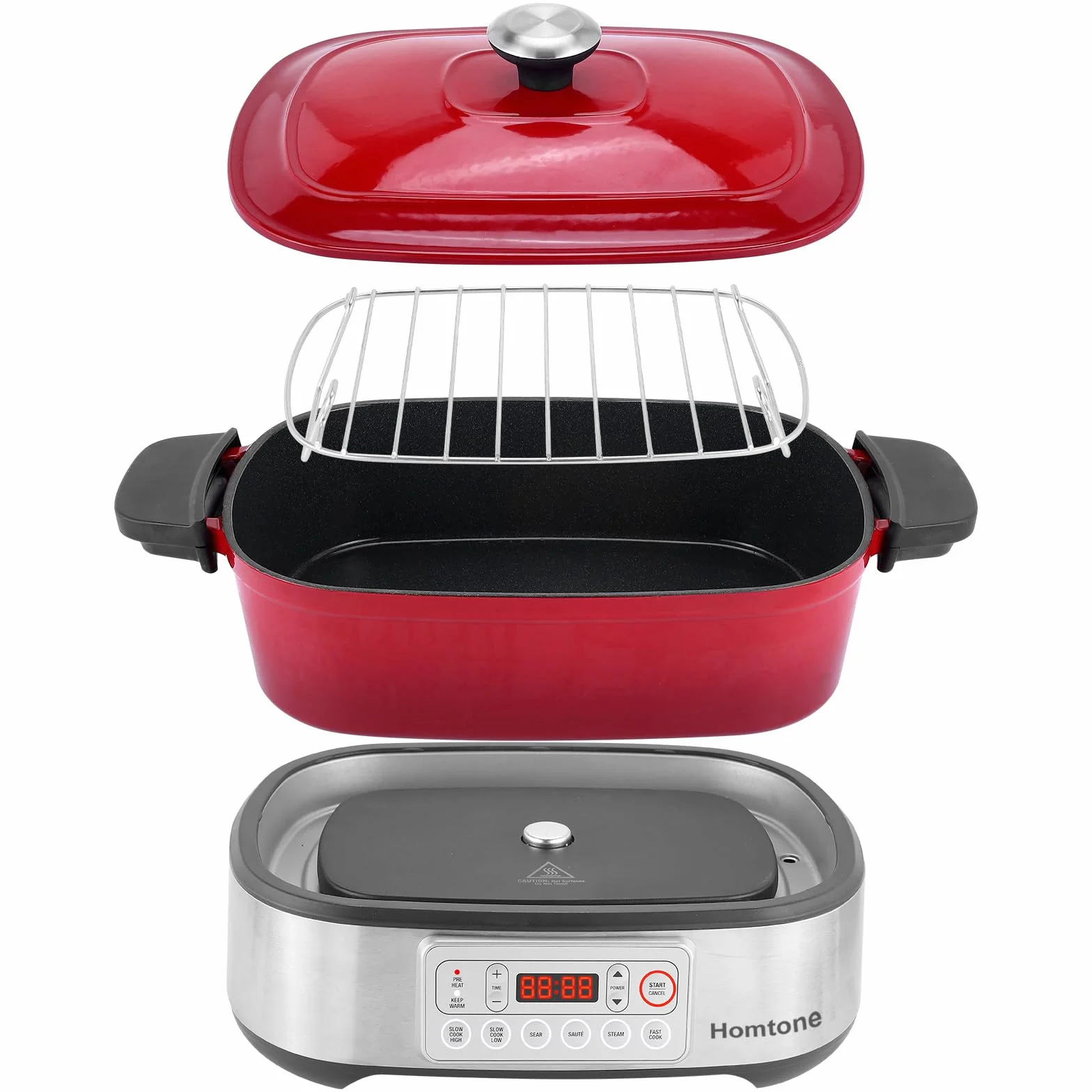 Homtone Mijoteuse électrique 6-en-1, 5,5L Multicuiseur Cocotte Amovible en Email, Revêtement Anti-adhésif en Céramique Saine Pour Cuisson Lente, Saisir, Sauter, Cuire à la Vapeur