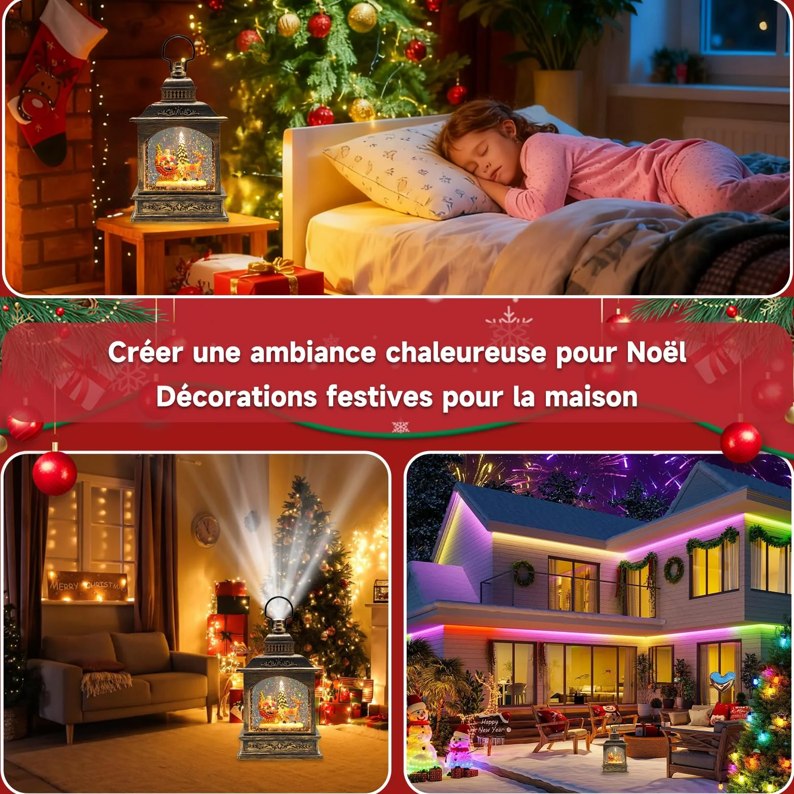 Christmas snow globe lantern with Santa Claus swirling glitter for festive decoration (Père Noël + élan + sapin de Noël)