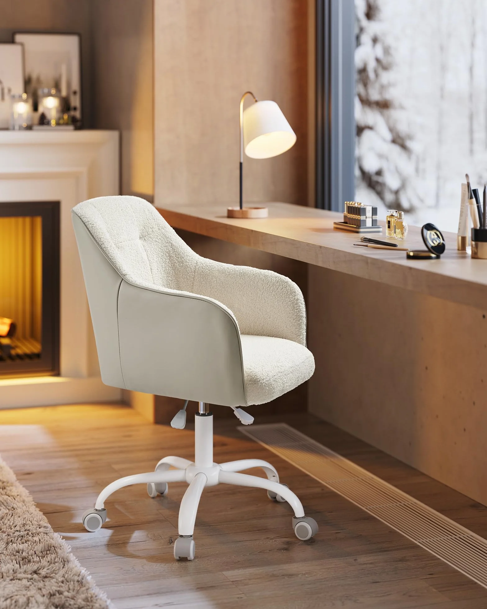 SONGMICS Chaise de Bureau Ergonomique Pivotante Réglable en Hauteur 110 kg Acier Tissu Peluche Respirant PU Beige Cappuccino