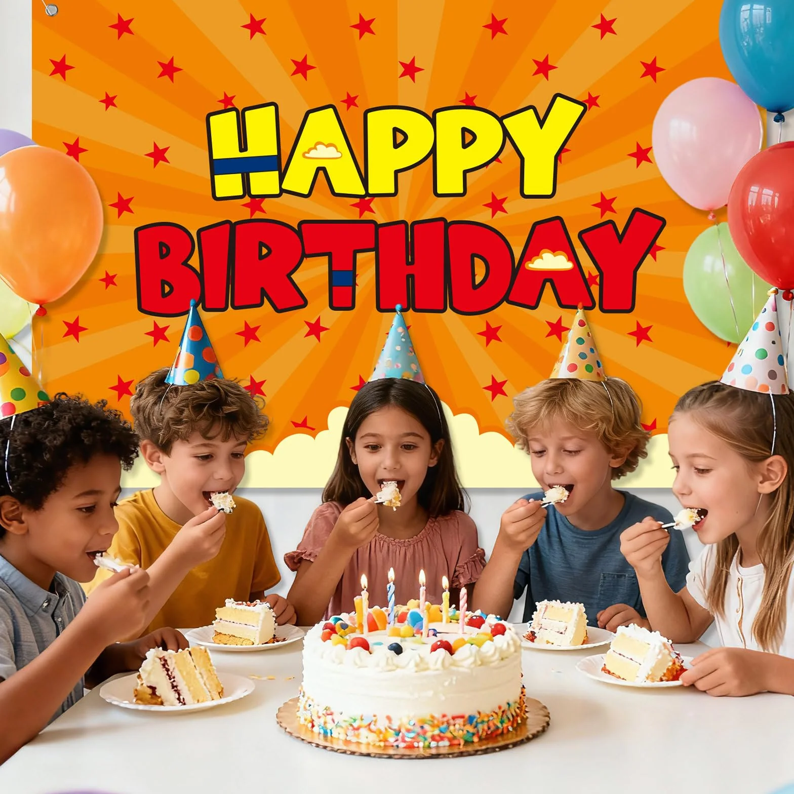 SAVITA Anime Birthday Banner 152x100cm Étoiles Jaunes et Rouges Décoration Photo Fête Garçons Enfants