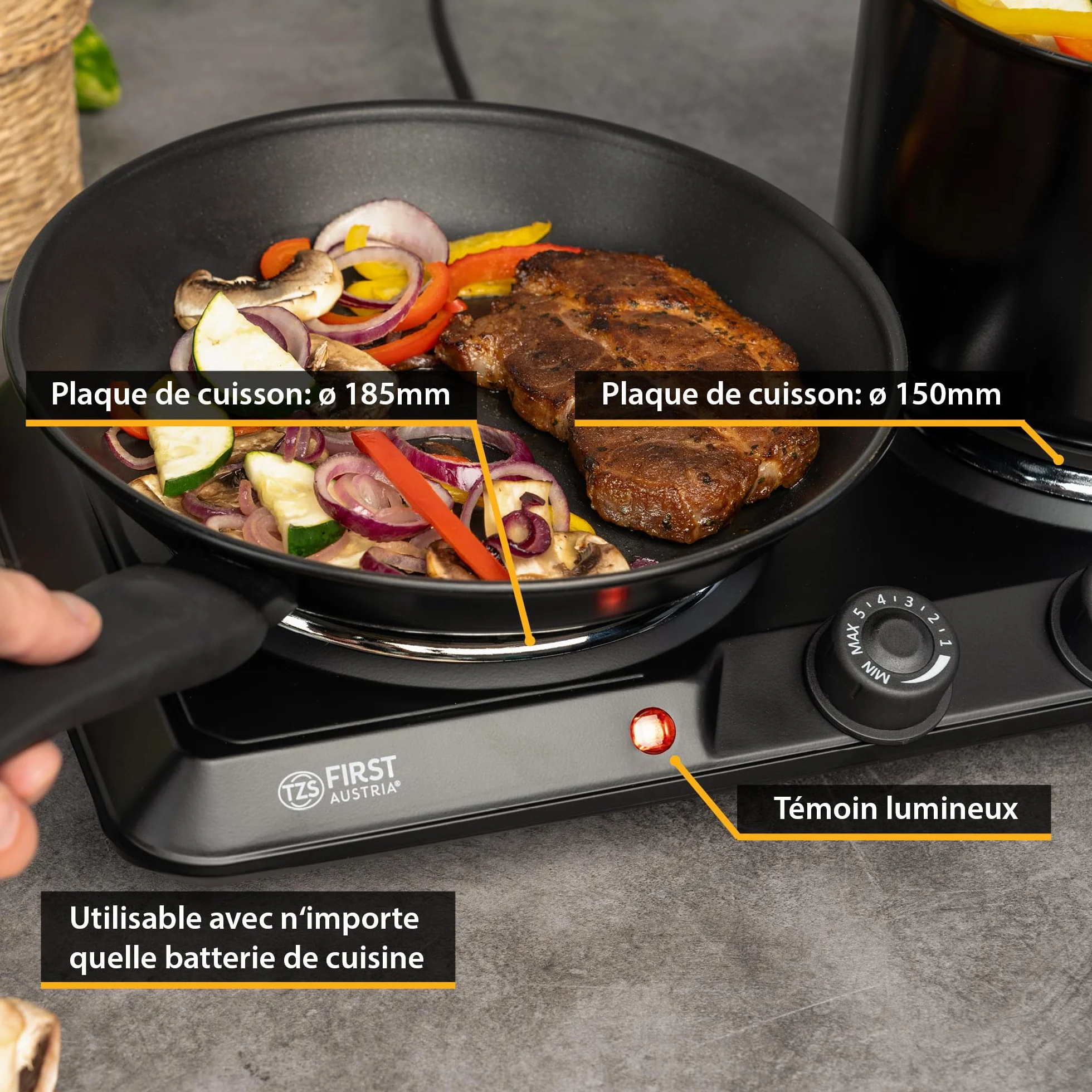 TZS First Austria - Double Plaque de Cuisson 2500W - Foyers en Fonte 180 & 150 mm - Thermostat Réglable - Réchaud Mobile pour Camping & Cuisine - Noir