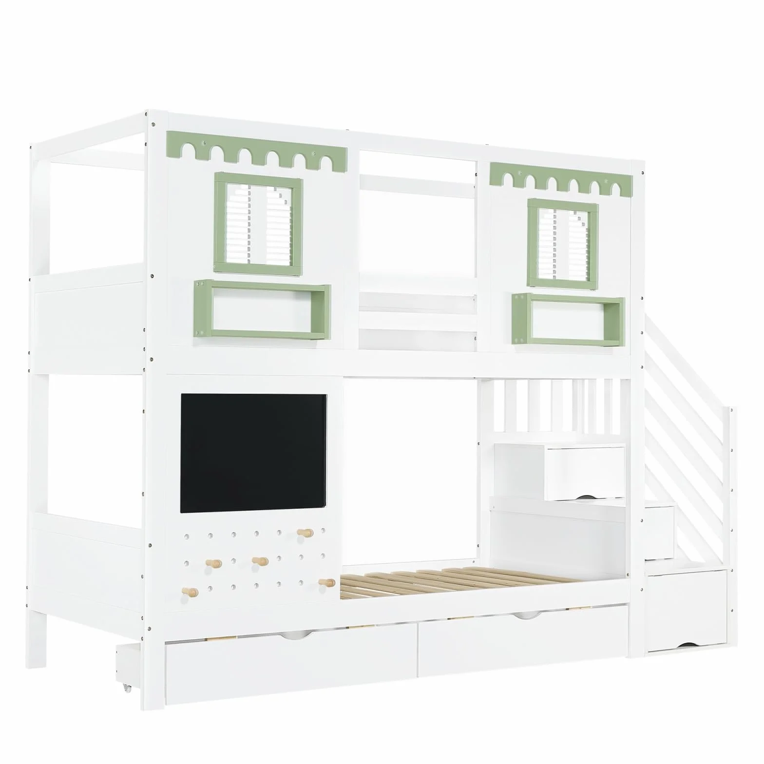Sweiko Lit superposé 90 x 200 cm avec 2 tiroirs, lit enfant avec petit tableau noir, panneau d'affichage + 5 crochets en bois, armoire de rangement intégrée sous l'escalier, blanc + vert, sans matelas