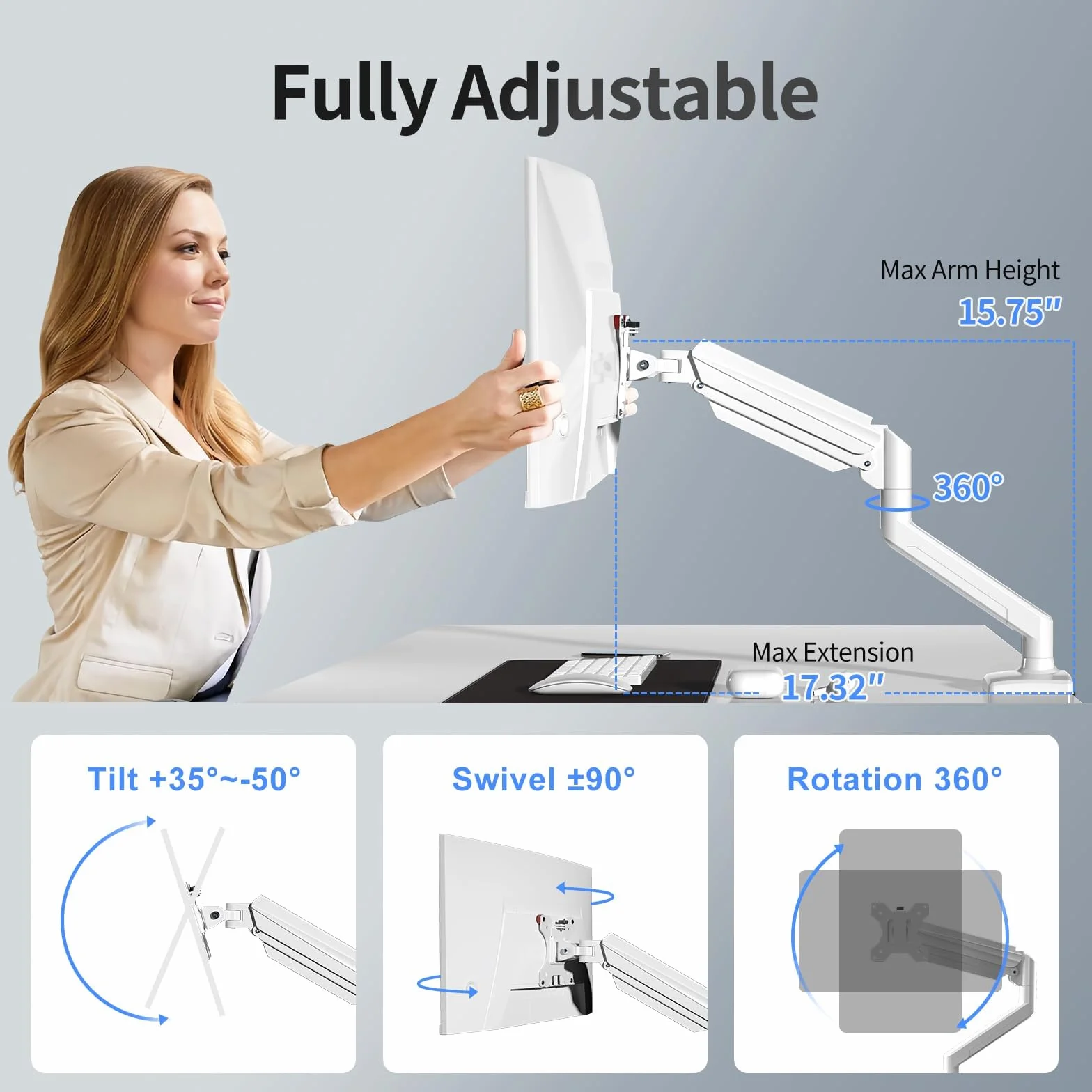 suptek Uchwyt do monitora 13-32 cali LED LCD do 9 kg, ramię monitora ze sprężyną gazową, obracany o 360°, regulacja wysokości, wychylny, uchwyt monitora VESA 75 x 75/100 x 100 mm, biały MD01AW