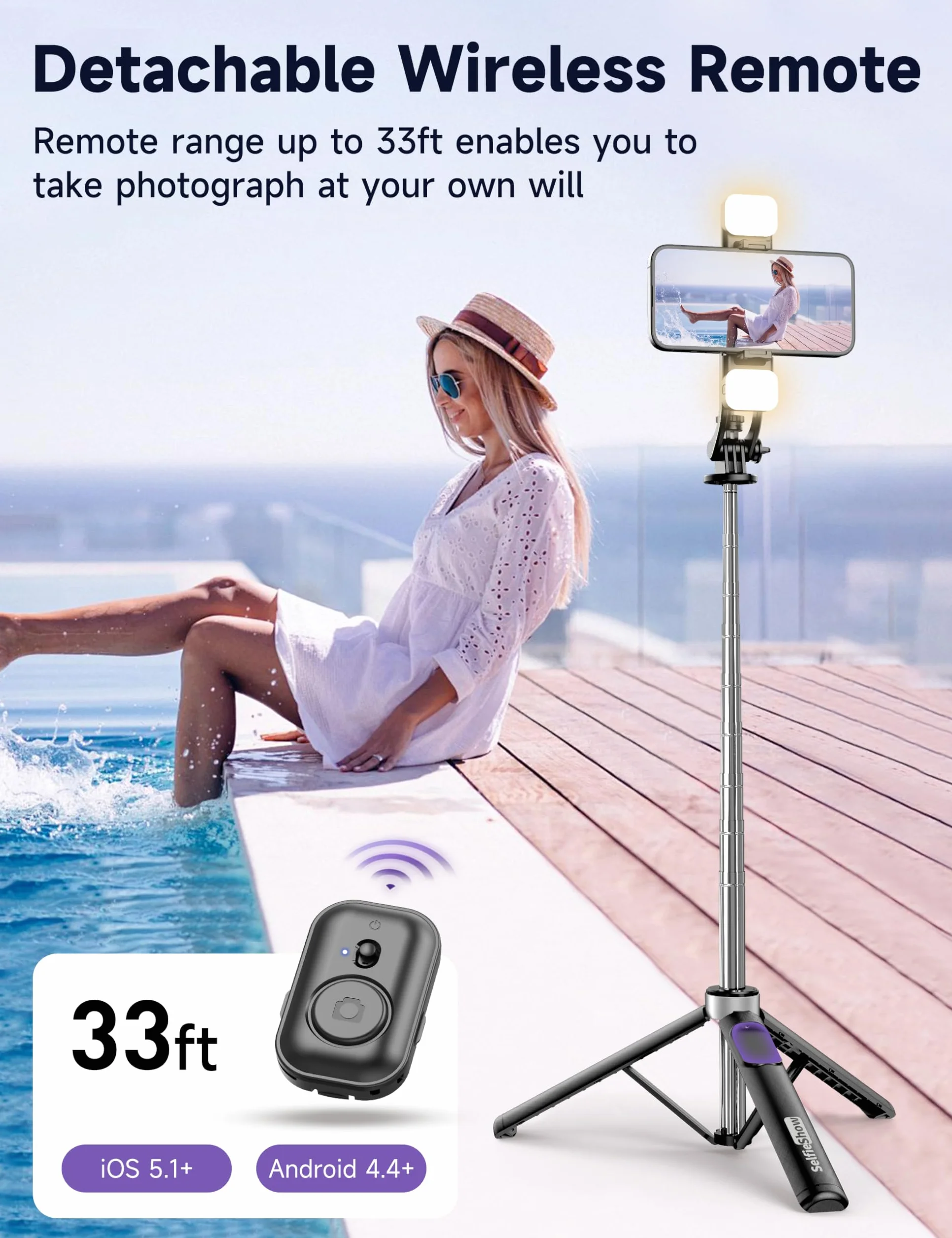 135CM Selfie Stick z 2 lampkami wypełniającymi, uniwersalny statyw do telefonu komórkowego z odłączanym pilotem zdalnego sterowania, przenośny statyw do telefonu komórkowego, stabilny uchwyt do selfie