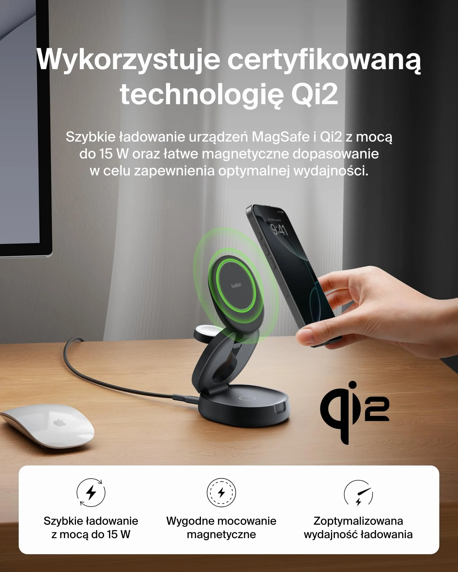 Belkin ładowarka zgodna z MagSafe, rozkładana ładowarka bezprzewodowa 3 w 1 o mocy 15 W z zasilaczem 36 W, antypoślizgowa podstawa, certyfikat Qi2, do urządzeń iPhone 16, Apple Watch, AirPods – czarna