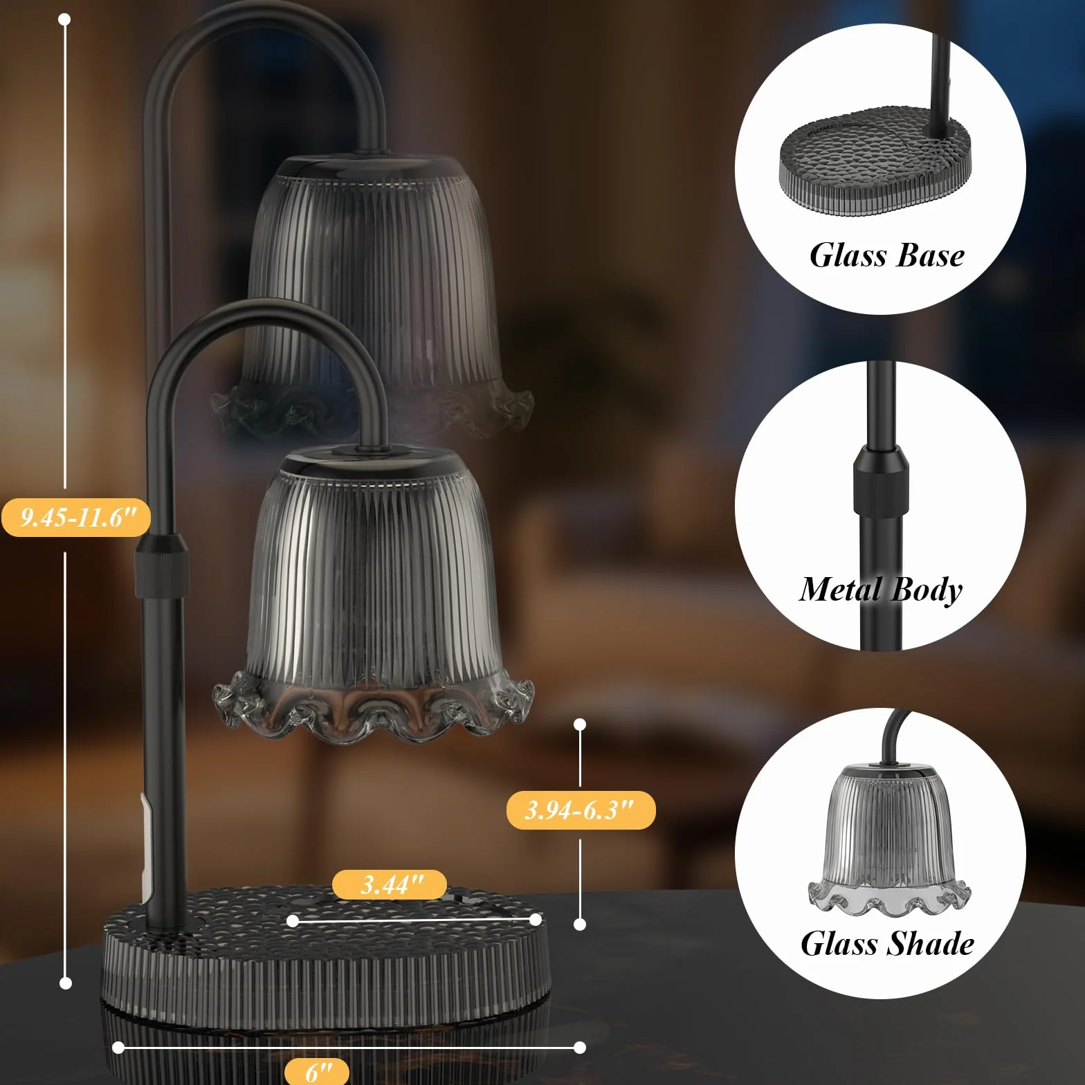Lampe chauffe-bougie avec hauteur réglable – Chauffe-cire sans flamme à 4 niveaux à intensité variable, fonction minuterie et design élégant en plusieurs couleurs (Noir 1)