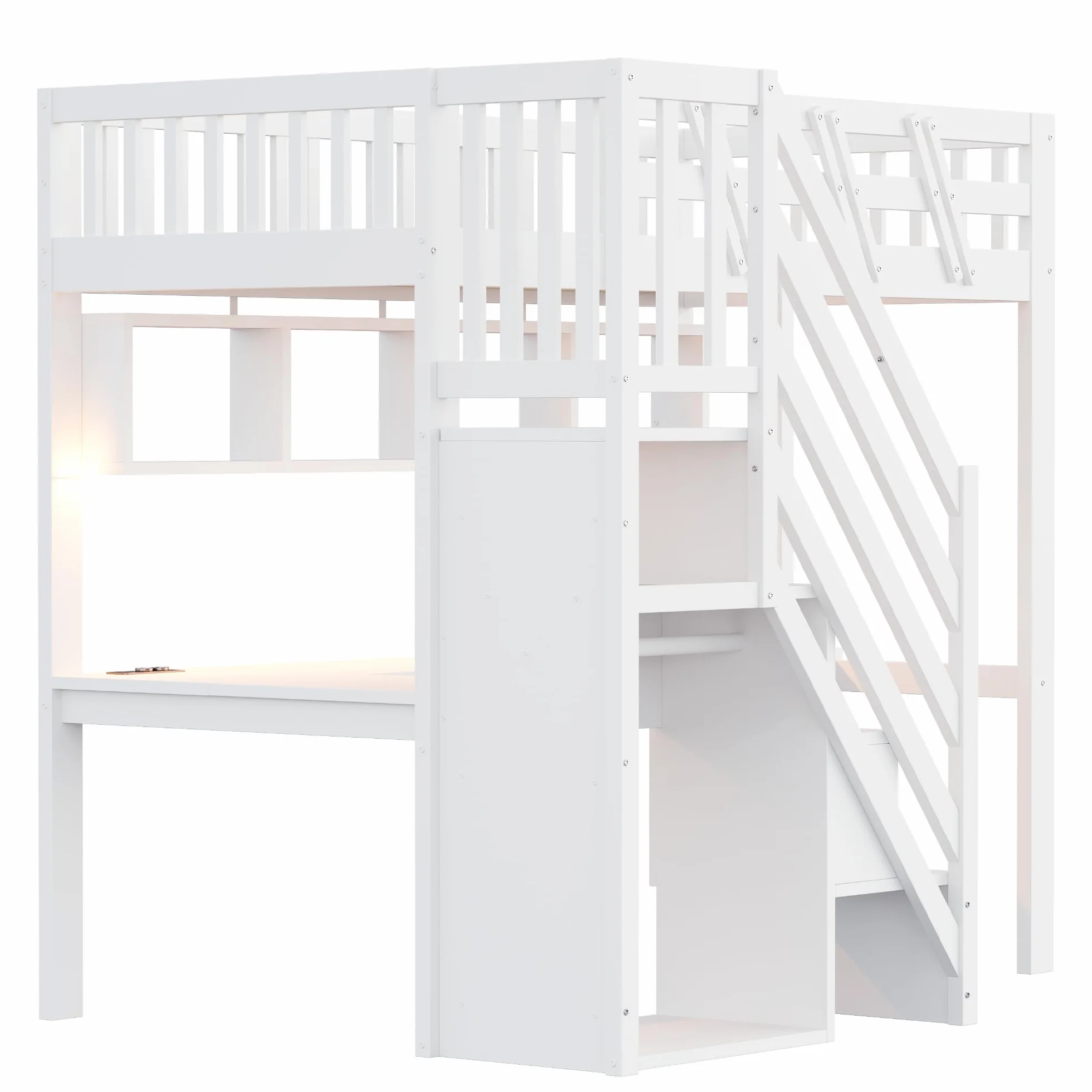 Merax Lit mezzanine 90 x 200 cm, cadre en bois massif, avec bureau, éclairage LED et prise USB, lit pour enfant/adolescent, avec espace de rangement, lit simple, peu encombrant, blanc (sans matelas)