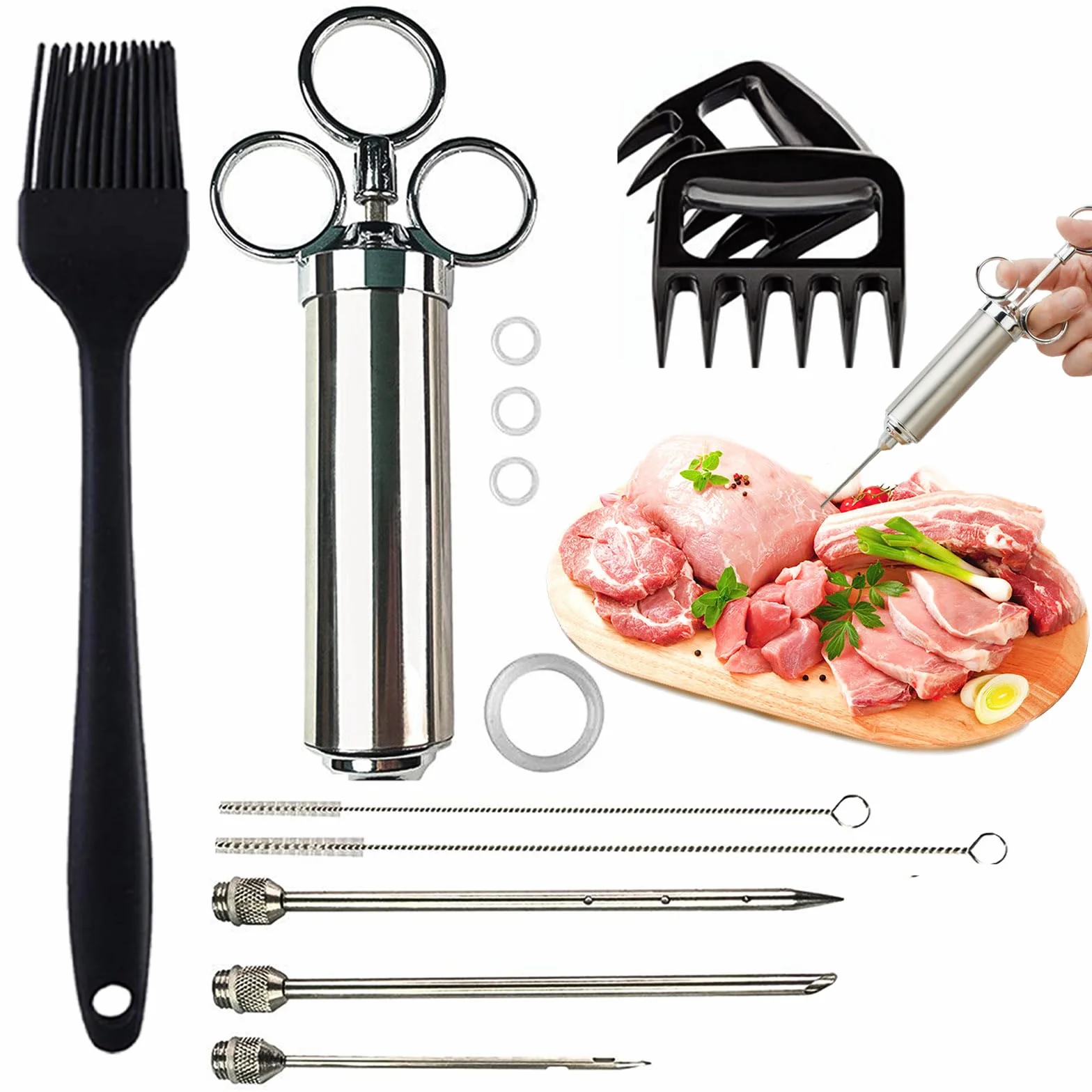 Seringue à marinade en acier inoxydable 60 ml avec 3 aiguilles – Injecteur de viande pour barbecue