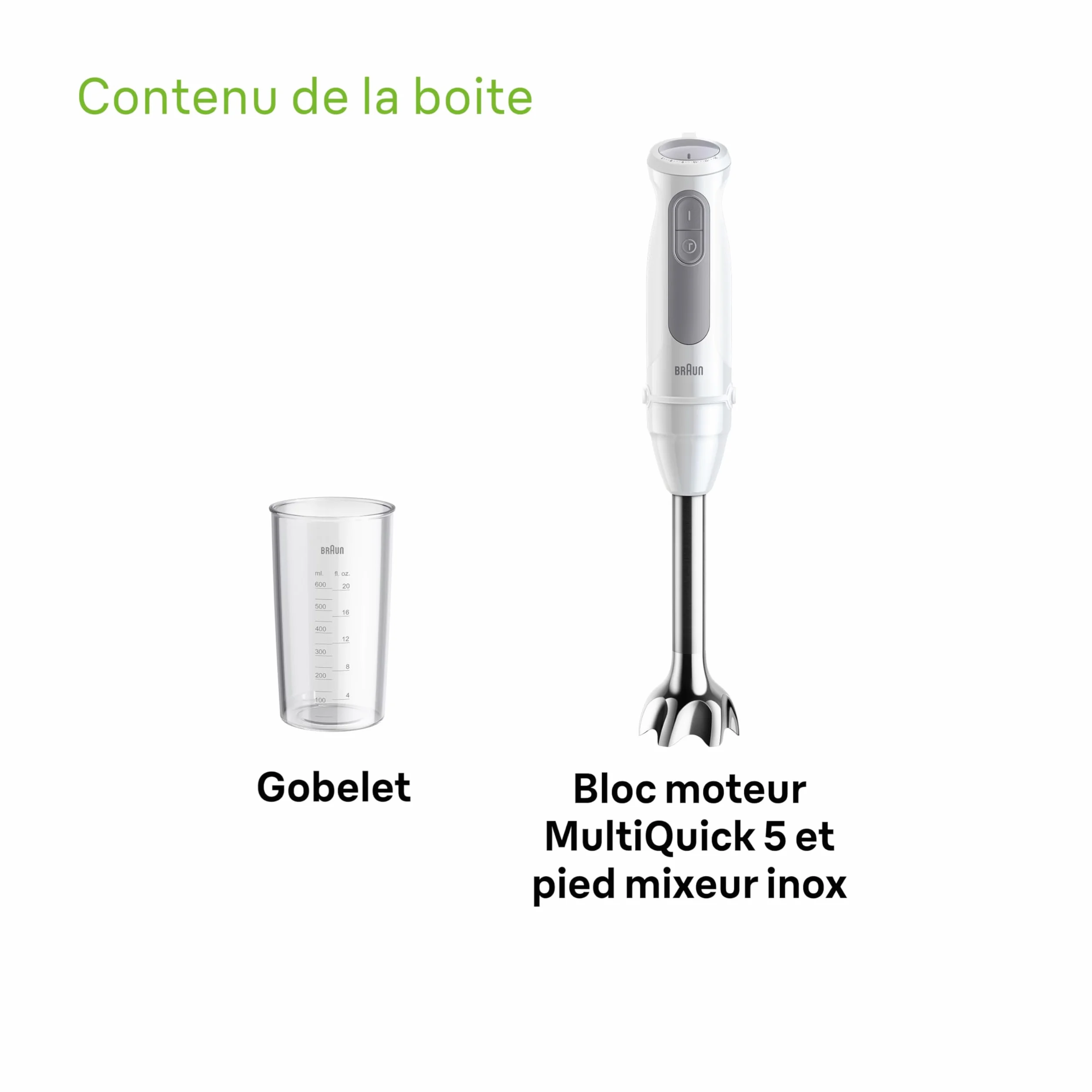 Braun MultiQuick 5 - Mixeur Plongeant pour Soupes, Smoothies et Purées Bébé, 21 Vitesses, Contrôle de Précision, Pied en Inox, Verre Doseur, 1000W, Blanc (MQ50001M)
