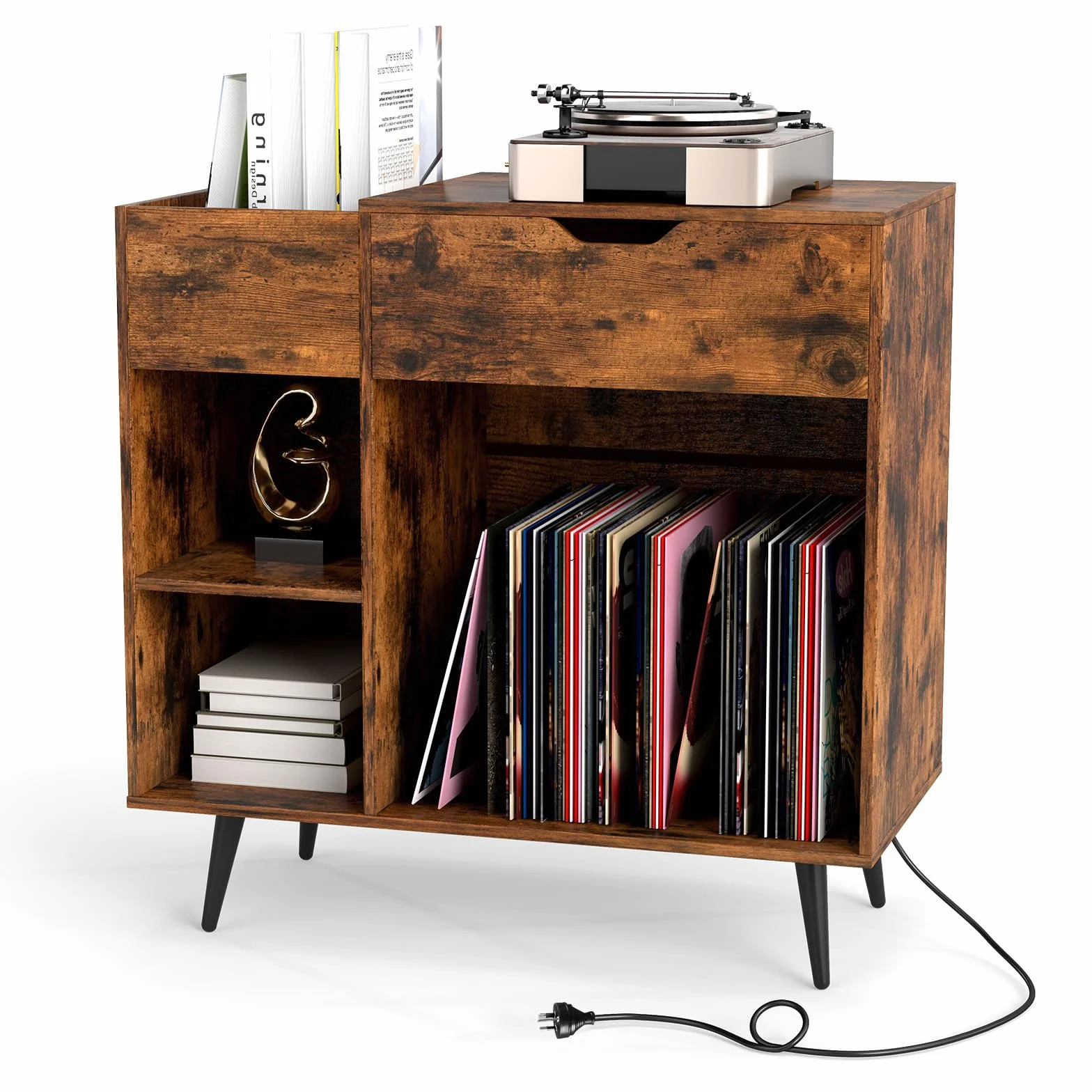 KOMFOTTEU Meuble Platine Vinyle avec Station de Charge, Support de Tourne-Disque avec 4 Compartiments Semi-Ouverts et 1 Tiroir, Meuble Tourne-Disque,80 x 40 x 79 cm, Style Industriel
