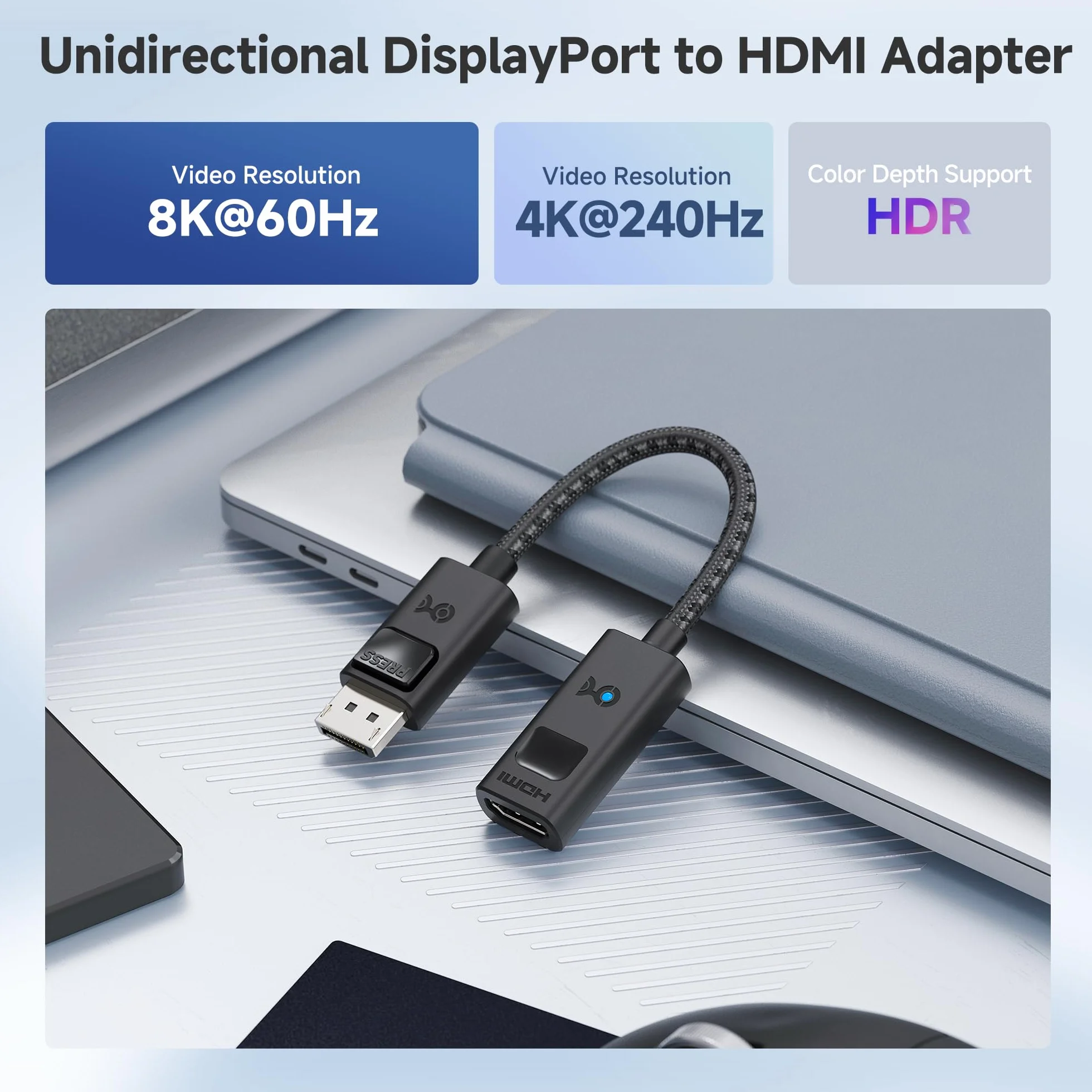 Cable Matters adapter DisplayPort 1.4 do HDMI 2.1 8K – 4K@240Hz / 8K@60Hz, jednokierunkowy DP→HDMI, do RTX 4080 / RX 7900, nie działa z PS5/Xbox, bez VRR