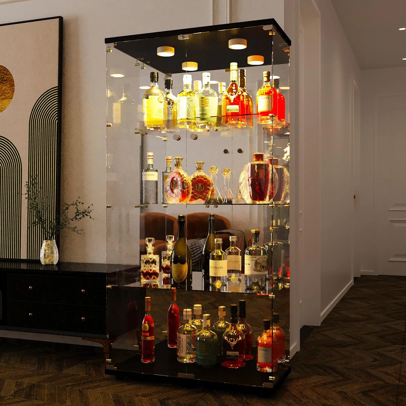 Vitrine en Verre à Miroir avec 4 Étagères, 2 Portes, 164 × 80,5 × 36,5 cm, Collection d'Exposition à Colonne pour Salon avec LED