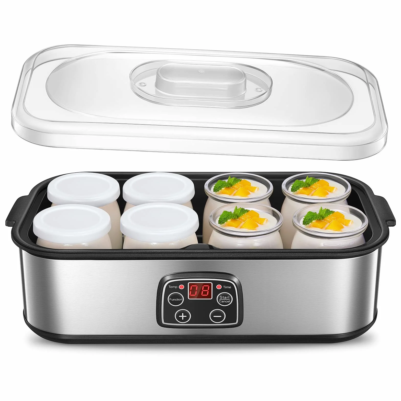 Yaourtière 8 Pots, 180ml Pot en Verre avec Couvercle, Yaourtière avec Écran Numérique, Thermostat Réglable et Minuterie, Arrêt Automatique, Idéal pour Famille et Yaourts Faits Maison