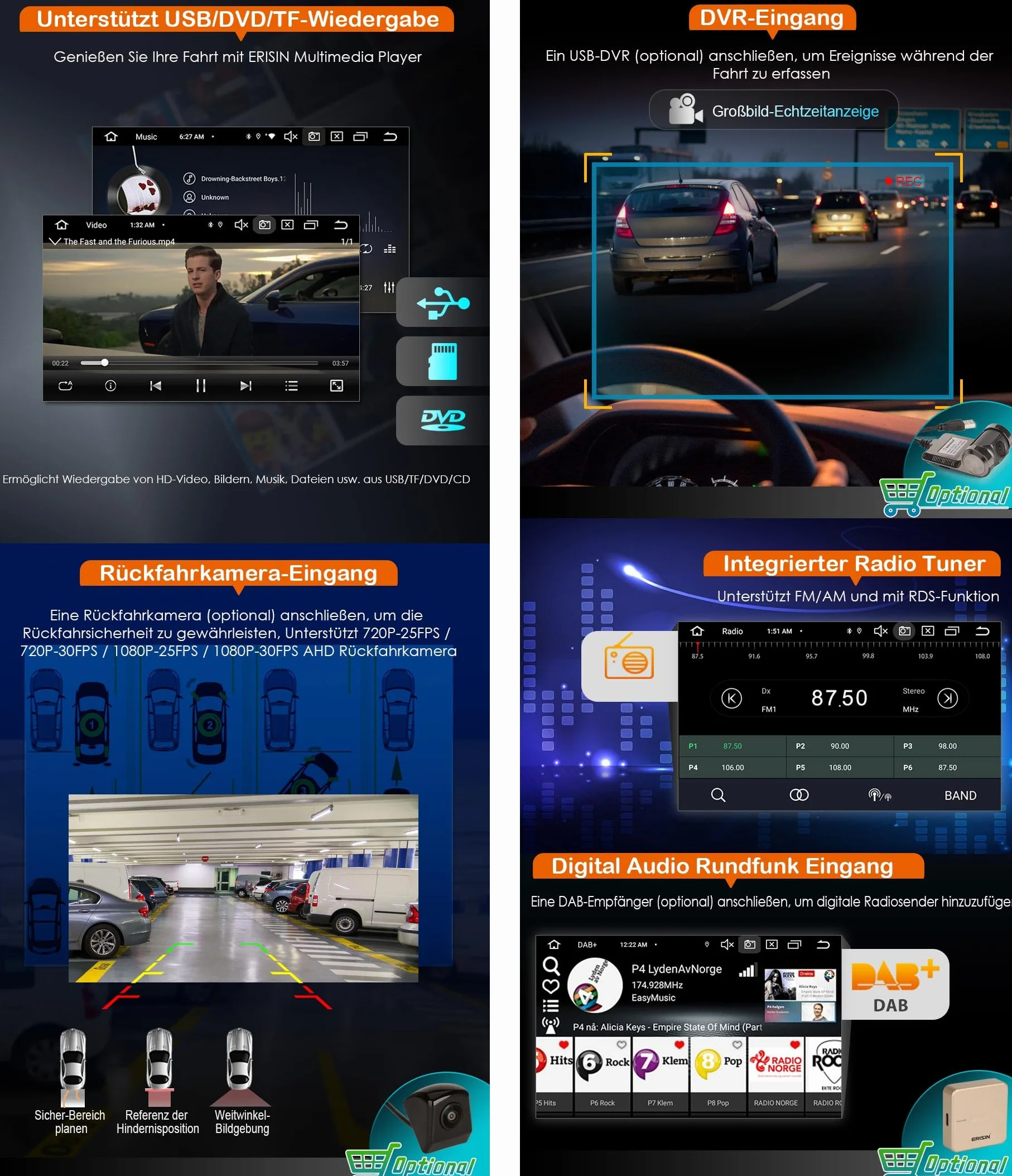 Radio samochodowe Erisin 8-rdzeniowe 4GB+64GB z Androidem 14, 2 Din z nawigacją GPS dla Forda Focus Mondeo S-Max C-Max Galaxy, obsługuje Bluetooth 5.0, CarPlay, Android Auto, DSP, WiFi, DAB+ RDS, SWC