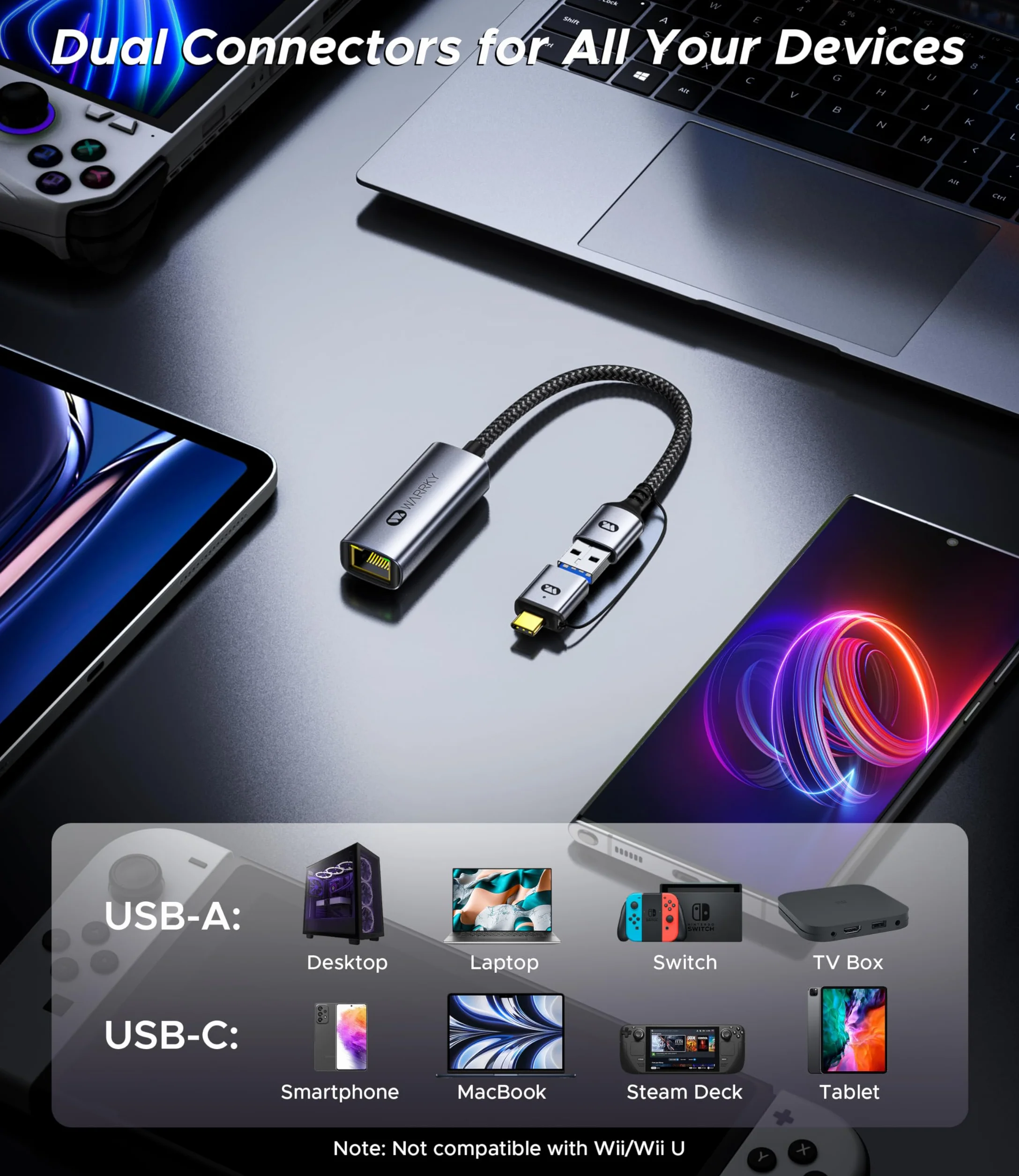 WARRKY Adaptateur USB Ethernet 1Gbps 2-en-1 USB 3.0 USB-C vers RJ45 LAN