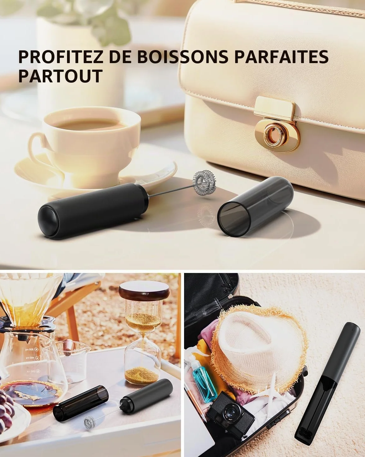 Mousseur à Lait Électrique Rechargeable sans Fil pour Café Latte Cappuccino Noir