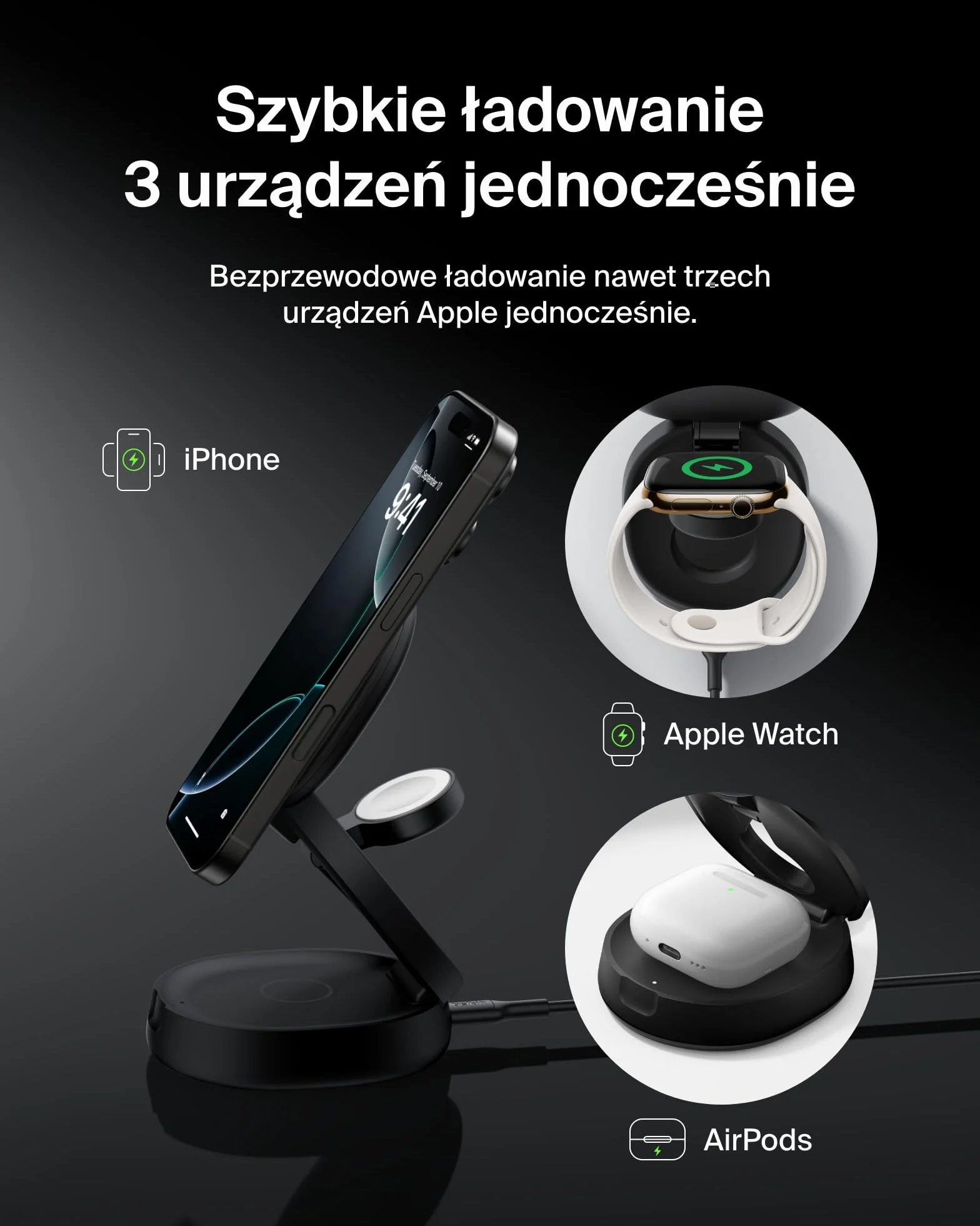 Belkin ładowarka zgodna z MagSafe, rozkładana ładowarka bezprzewodowa 3 w 1 o mocy 15 W z zasilaczem 36 W, antypoślizgowa podstawa, certyfikat Qi2, do urządzeń iPhone 16, Apple Watch, AirPods – czarna