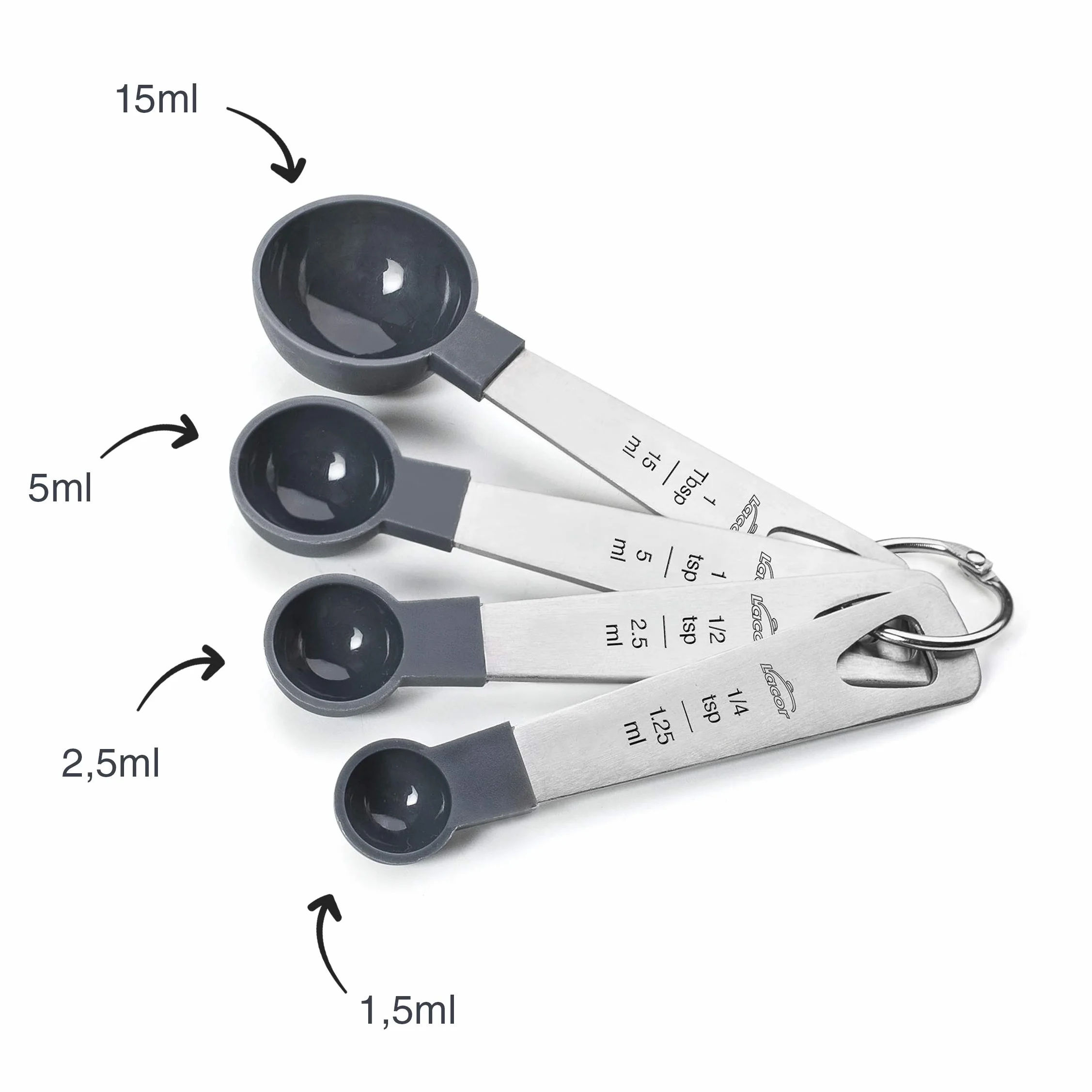 LACOR Ensemble 4 Cuillères à Mesurer en Acier Inoxydable et PP, Empilable, Sans BPA, Gris