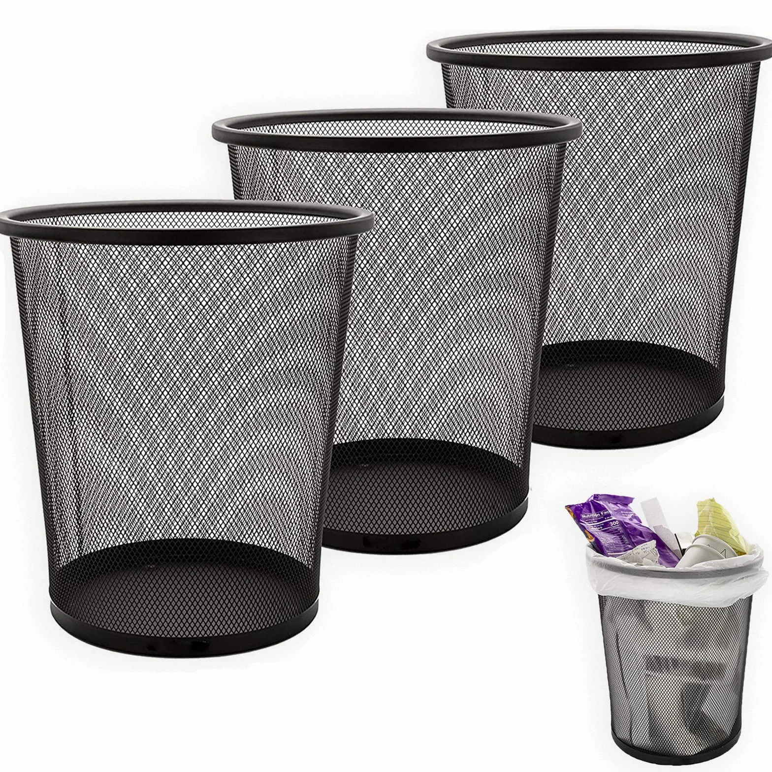 Lot de 3 Poubelle de Bureau Métal Maille 12L Noir 26.5x23.5x18.8 cm