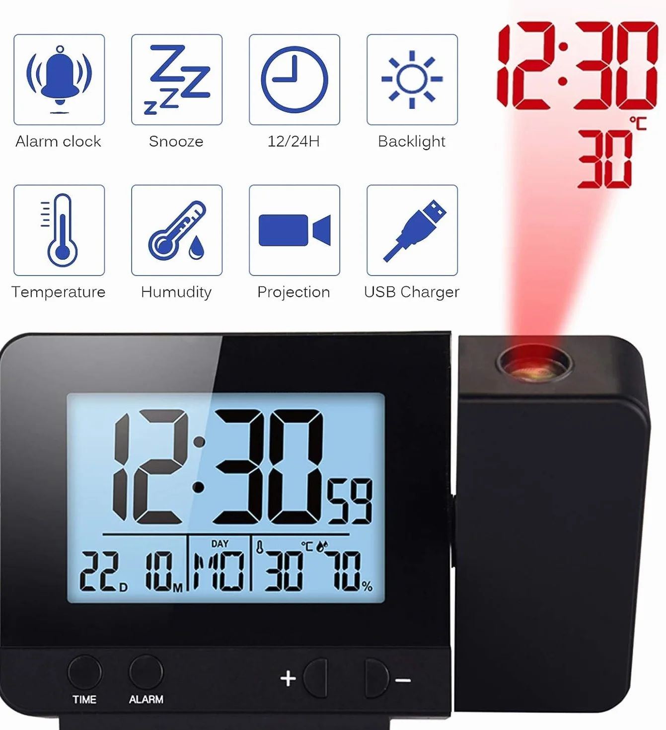Réveil à Projection Numérique pour Chambre avec Température, Snooze et Luminosité Réglable