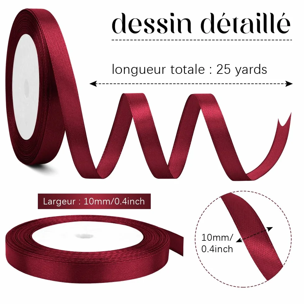 Ruban Satin 10mm x 23m Rouge Carmin Bordeaux pour Cadeau Mariage Fête