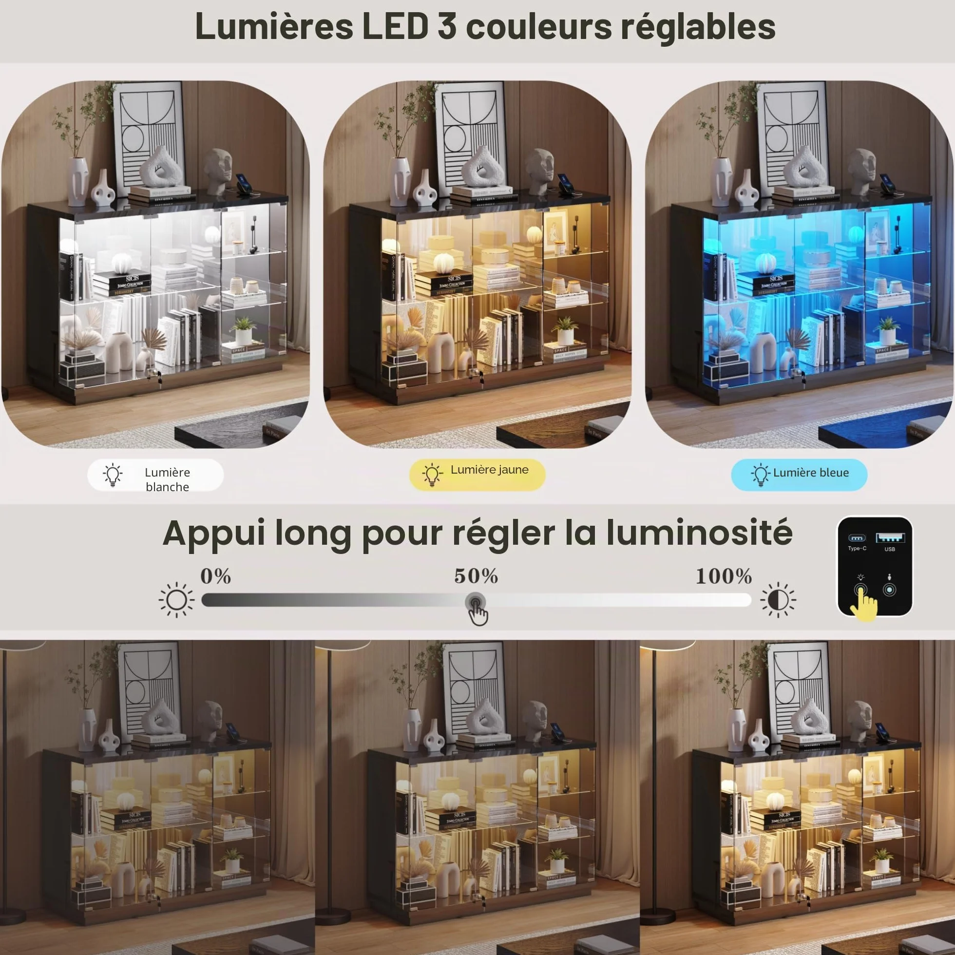 Lvifur Vitrine en verre - Éclairage LED et portes en verre - Armoire en verre - Cabinet d'affichage avec capteur intelligent - 3 couches - Étanche à la poussière - Pour salon, chambre à coucher