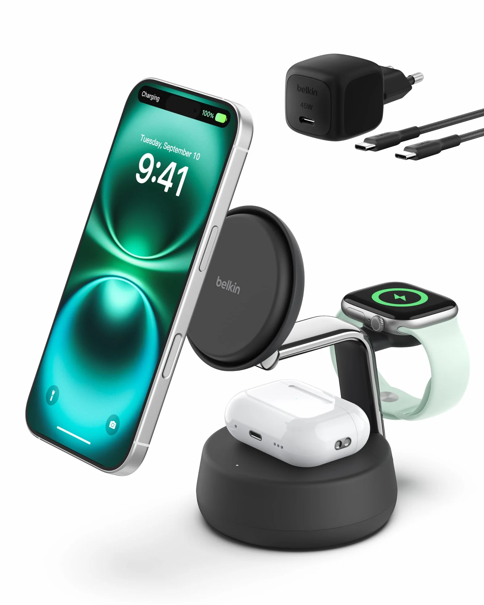 Belkin UltraCharge Pro Qi2 25W Ładowarka Bezprzewodowa 3 W 1, Kompatybilna z MagSafe, Stacja Ładująca do IPhone 16, Apple Watch, AirPods, Pixelsnap, z Wentylatorem i Zasilaczem 45W, Czarna