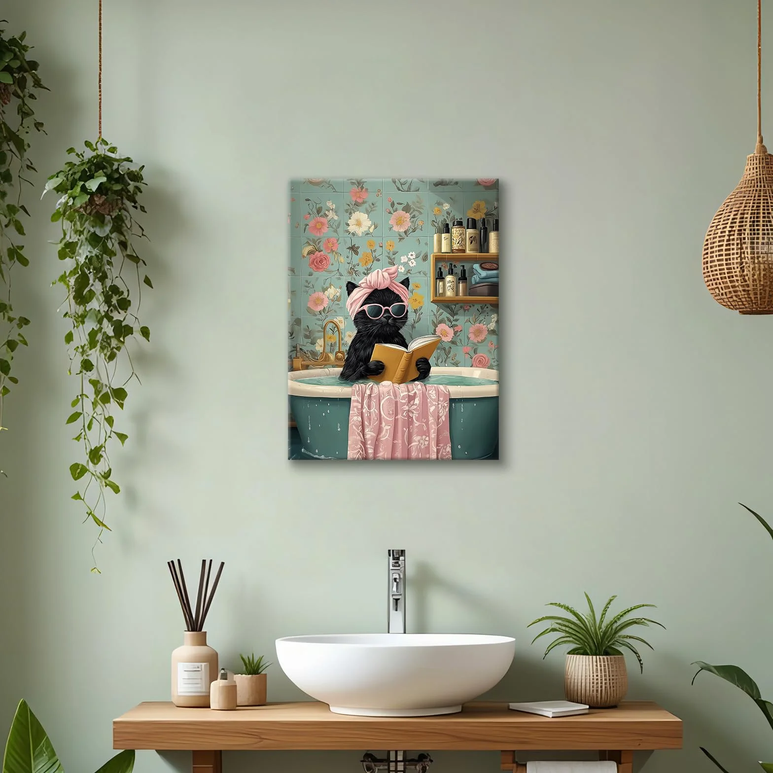 Tableau Decoration Murale Chat Noir Mignon se Baignant Toile Impression Cadre 30x40cm