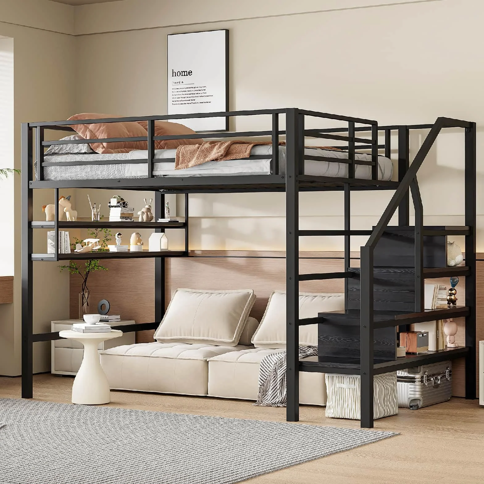 PUGSDRLY Lit Mezzanine 2 Place,Lit Mezzanine Enfant 140x200cm,lit superposé avec Escalier de Rangement et étagères,Design de Clôture Haute,pour Enfant et Adolescent (Noir)