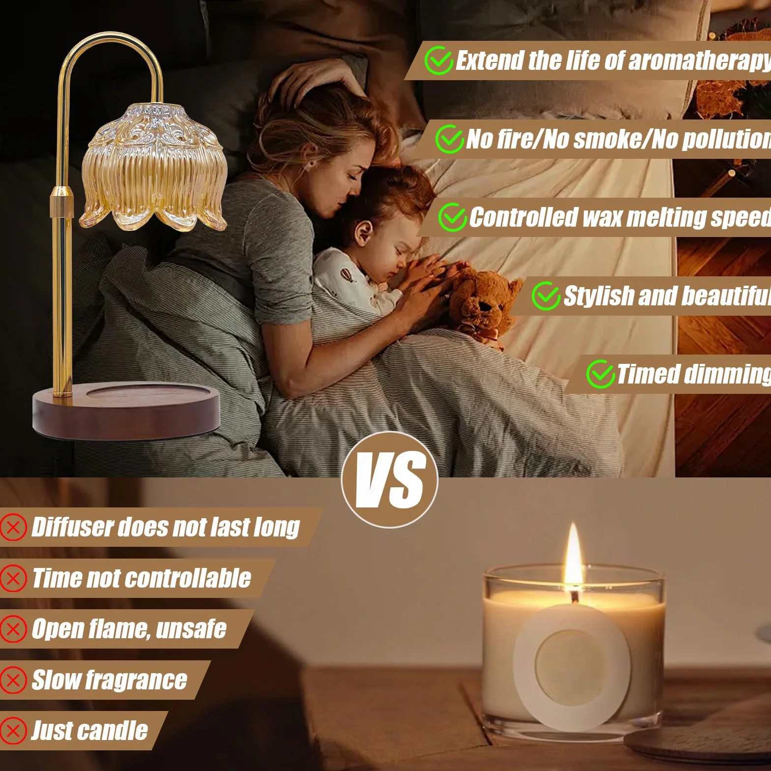 Lampe Chauffante à Bougie, Fleurie Dimmable avec Minuterie, Hauteur Réglable, Sans Flamme et Décorative pour Bougies en Bocal