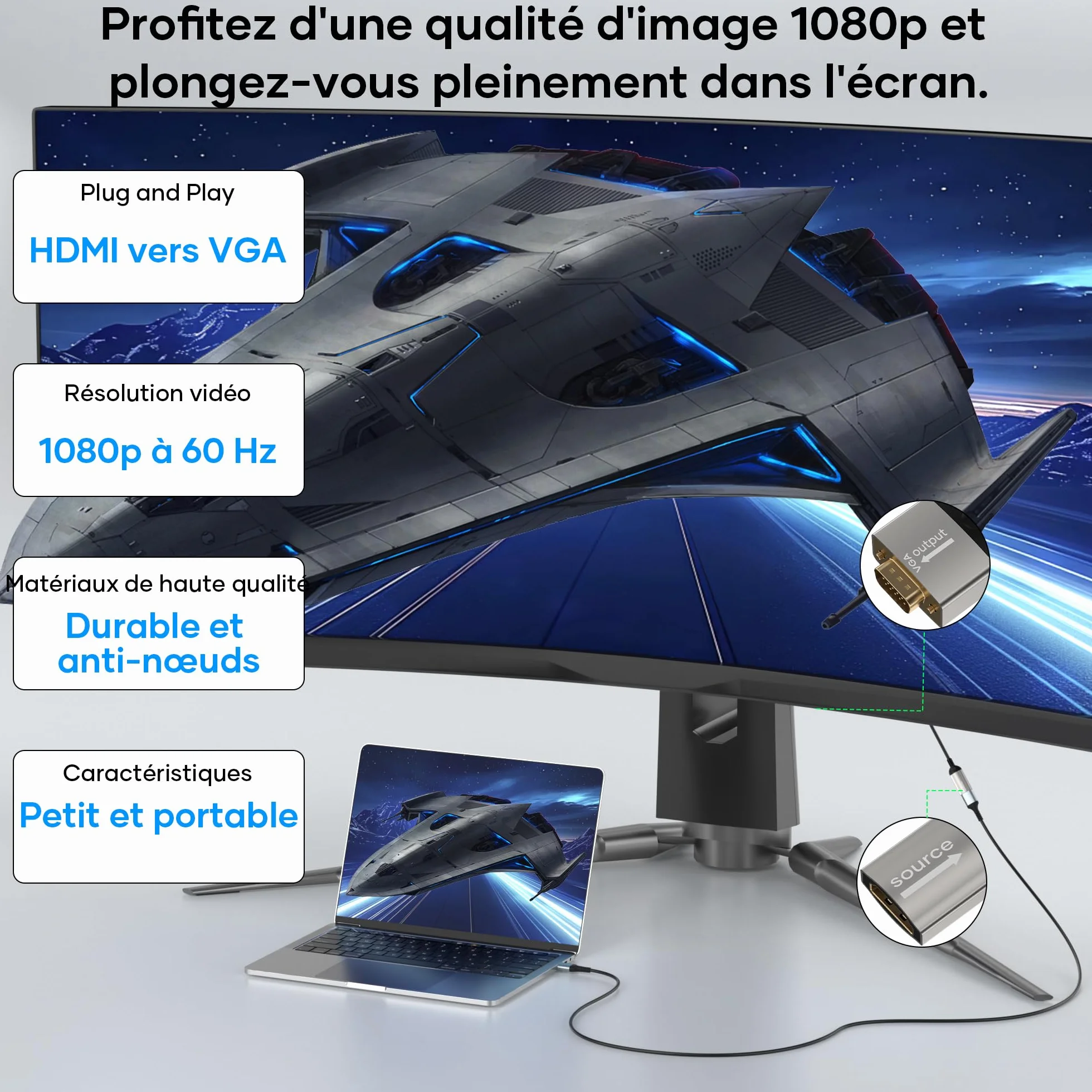 Adaptateur HDMI vers VGA Femelle vers Mâle Unidirectionnel 1080p Nylon tressé