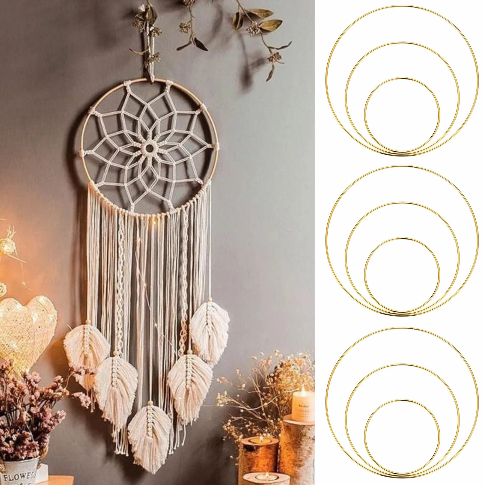 Cercle Métal Doré 10/15/20cm Attrape-Rêve Macramé DIY Décoration