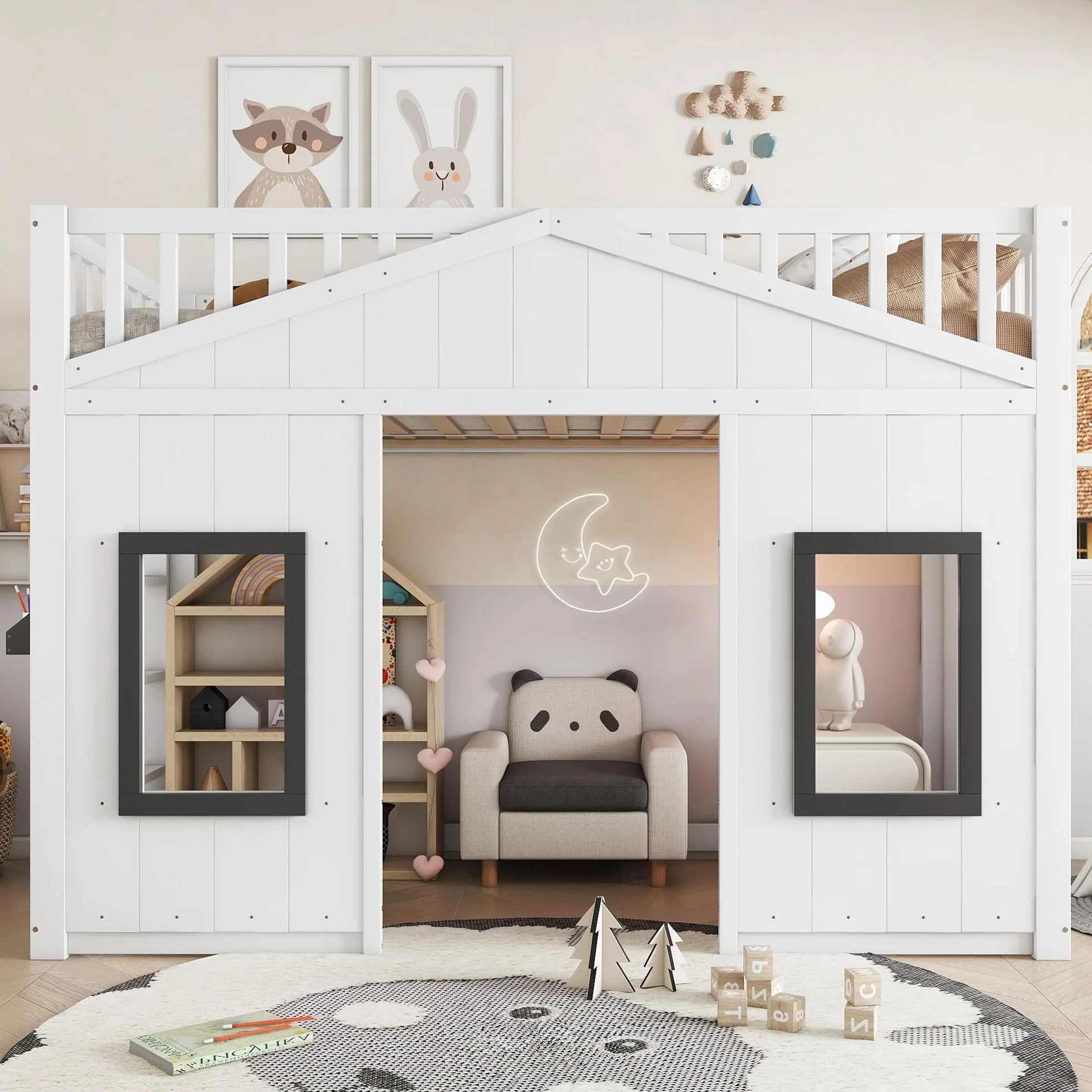 Lit cabane Enfants 90x200 avec Escalier, Lit Enfant avec Fenêtre et Rangement Sous le Lit Modulable, Lit Superposé Enfant Simple avec Barrière Anti-Chute et Rambarde, Structure en pin et MDF, Blanc