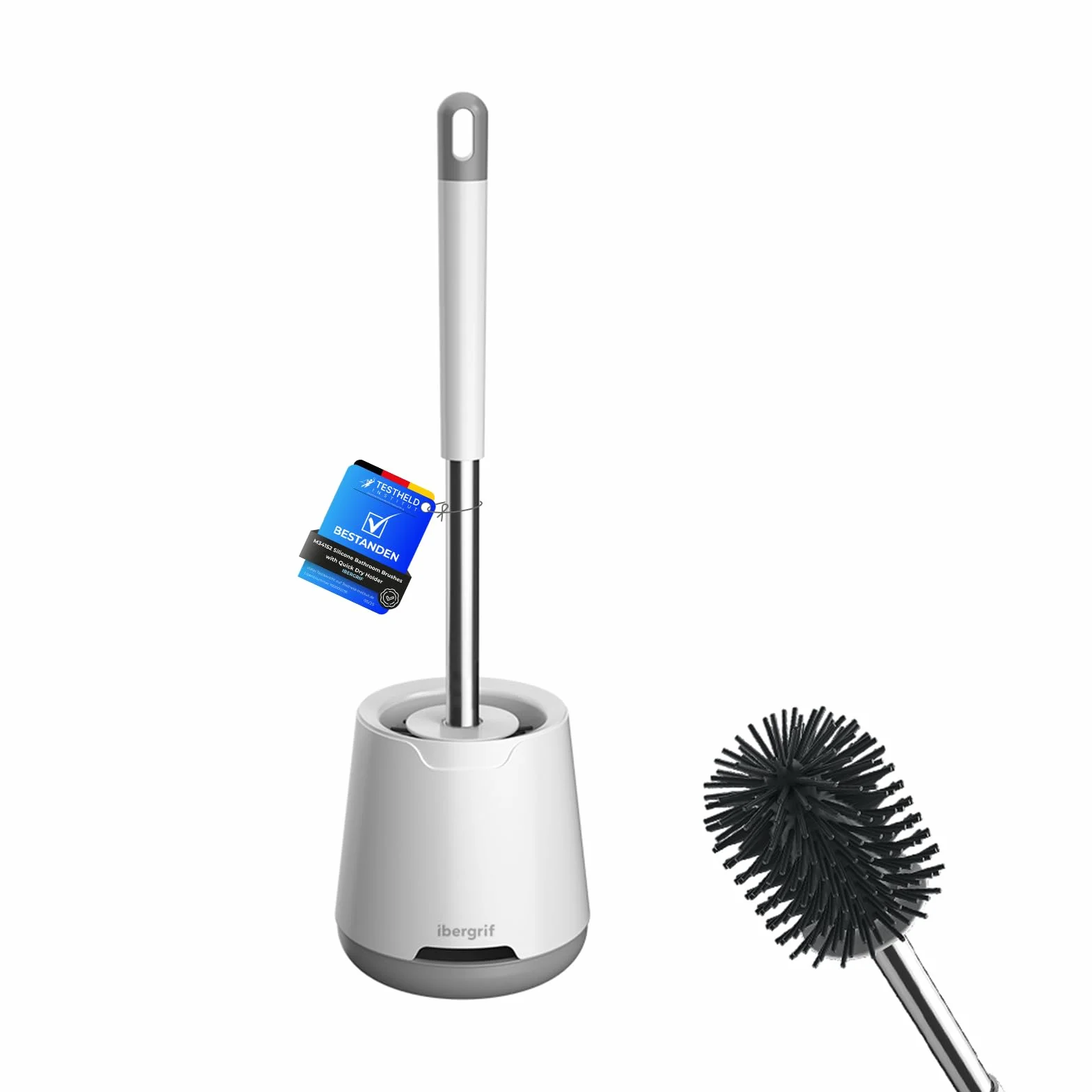 Ibergrif Brosse Toilettes WC Silicone avec Support, Flexible, Antibactérienne, Anti-Goutte, Montage Mural, Blanc