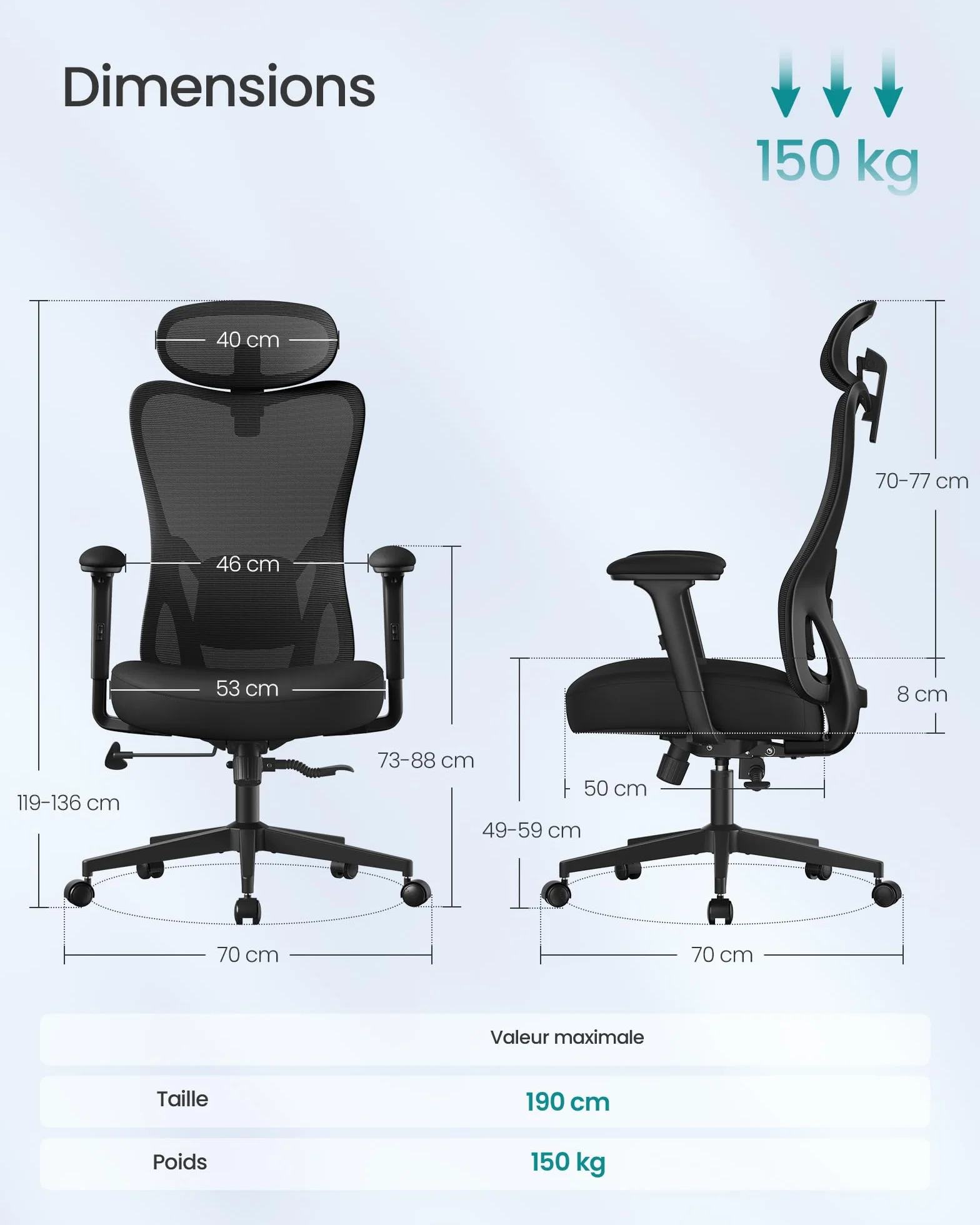SONGMICS Chaise de Bureau Ergonomique Fauteuil Soutien Lombaire Réglable 150 kg Noir