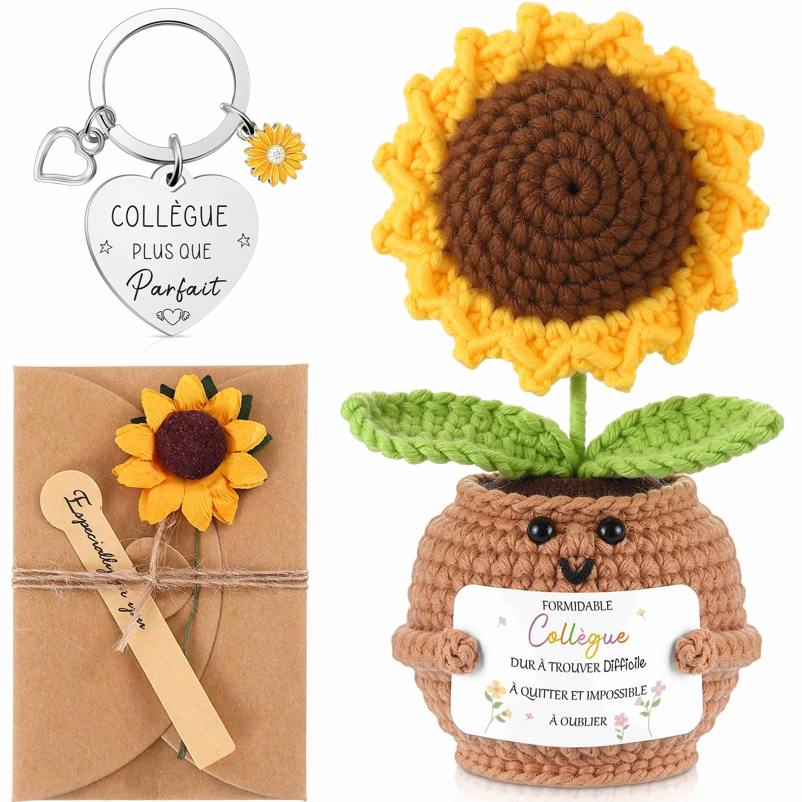 Porte Clés Collègue de Travail Tournesol au Crochet avec Carte de Vœux et Fleurs Séchées